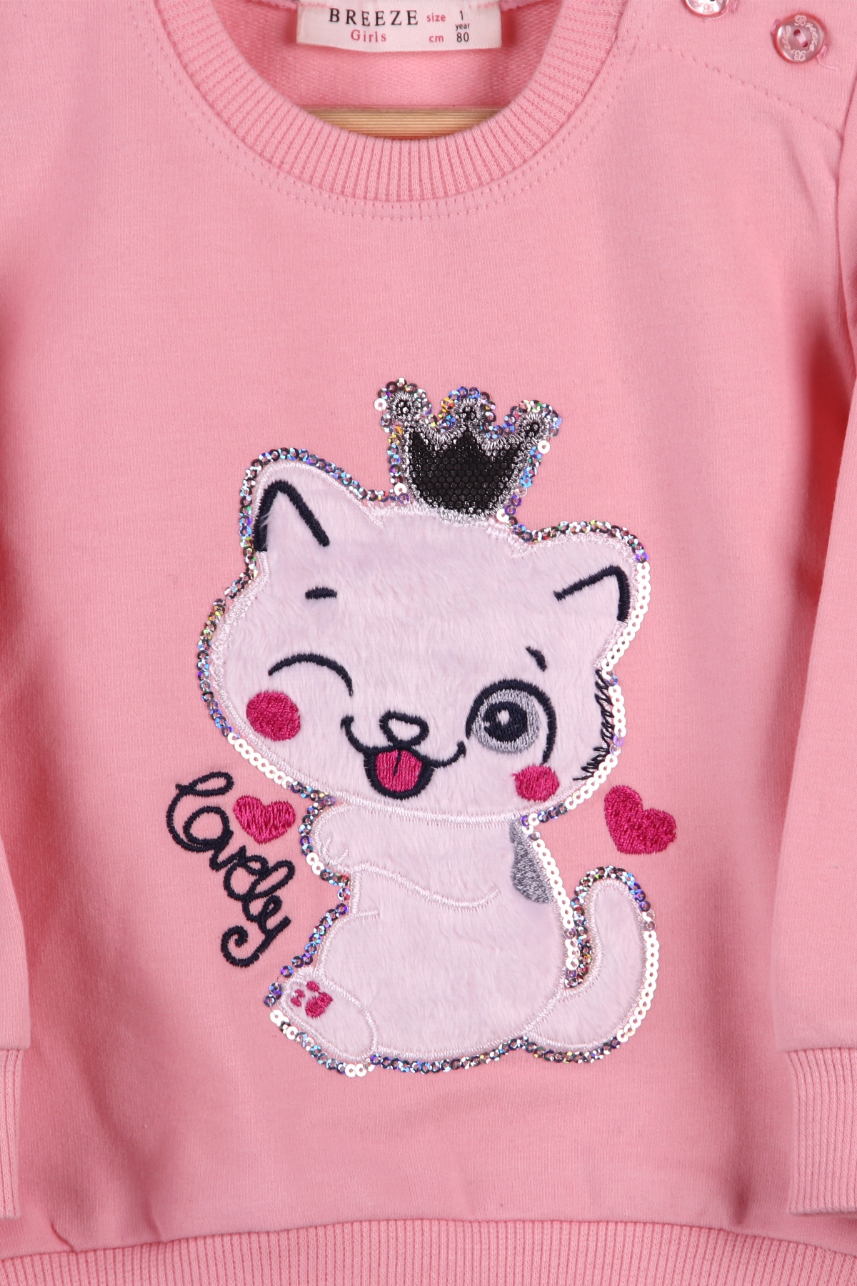 Breeze Kız Bebek Eşofman Takımı Taçlı Kedi Desenli Pudra (9 Ay-3 Yaş)
