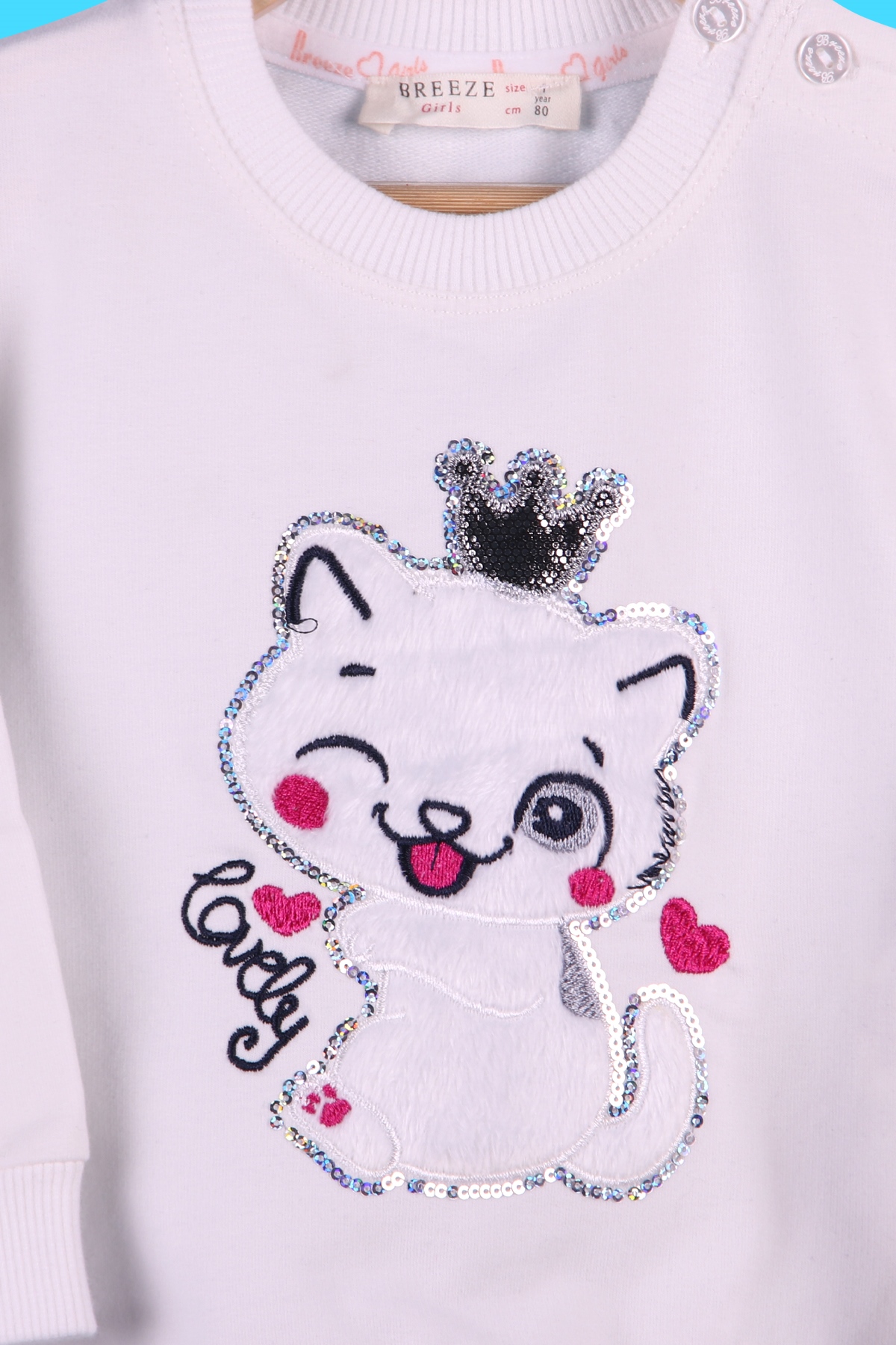Breeze Kız Bebek Eşofman Takımı Taçlı Kedi Desenli Ekru (9 Ay-3 Yaş)