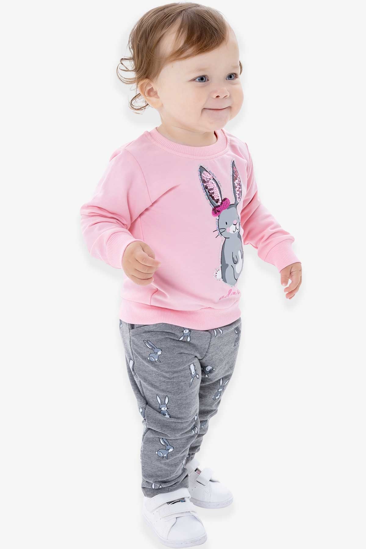 Breeze Kız Bebek Eşofman Takımı Tavşan Baskılı Pullu Pudra (9 Ay-3 Yaş)