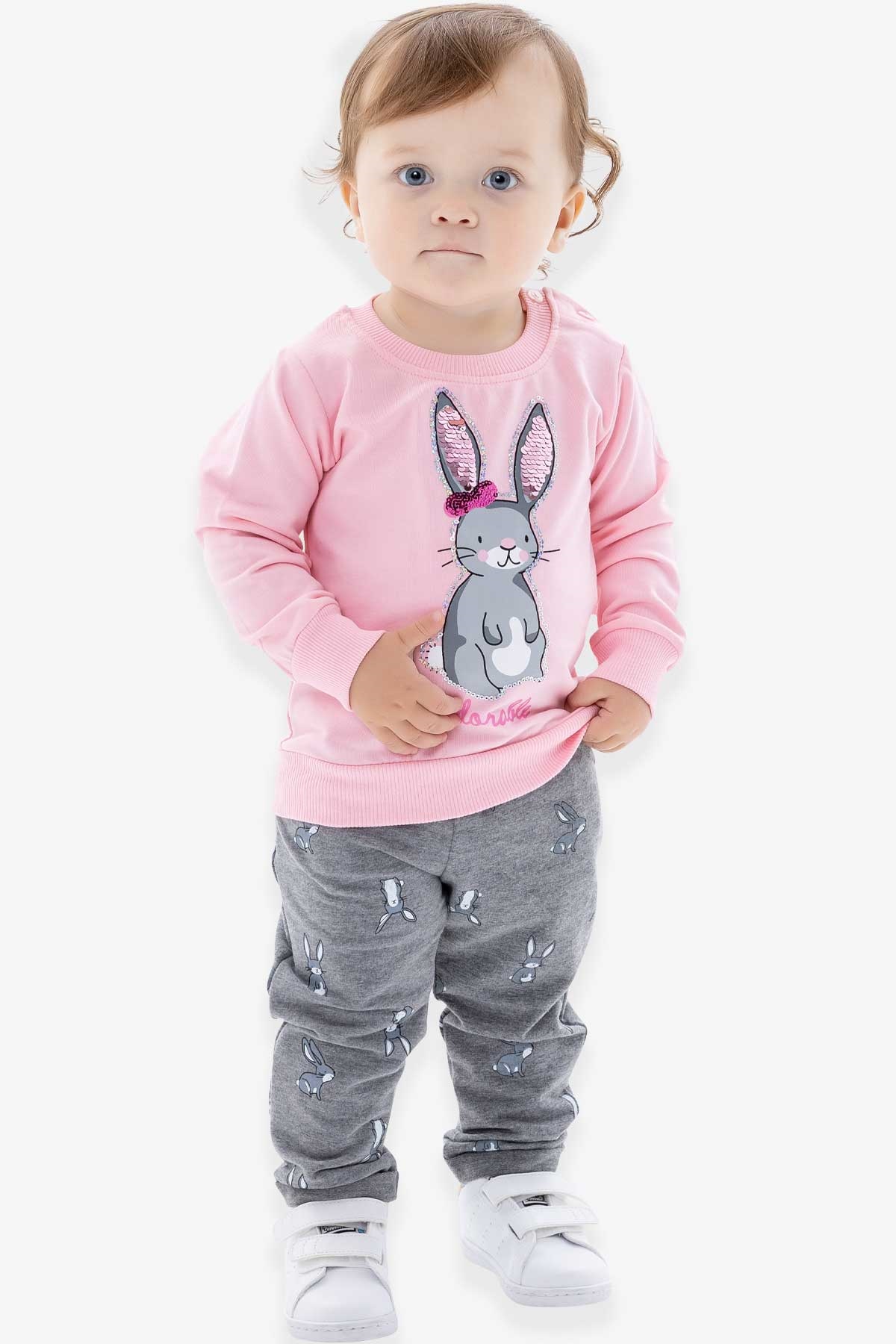 Breeze Kız Bebek Eşofman Takımı Tavşan Baskılı Pullu Pudra (9 Ay-3 Yaş)