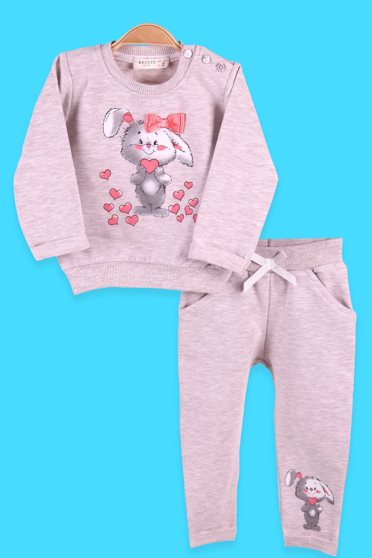 Breeze Kız Bebek Eşofman Takımı Tavşan Baskılı Bej (4 Ay-1.5 Yaş)
