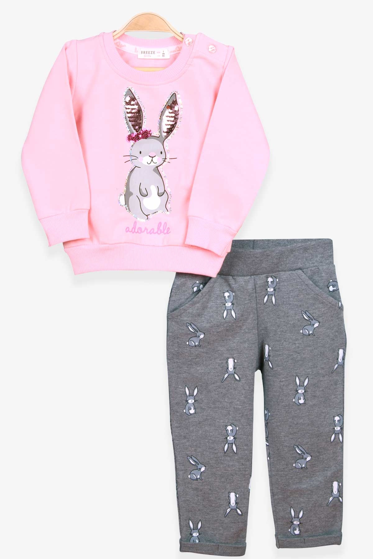 Breeze Kız Bebek Eşofman Takımı Tavşan Baskılı Pullu Pudra (9 Ay-3 Yaş)