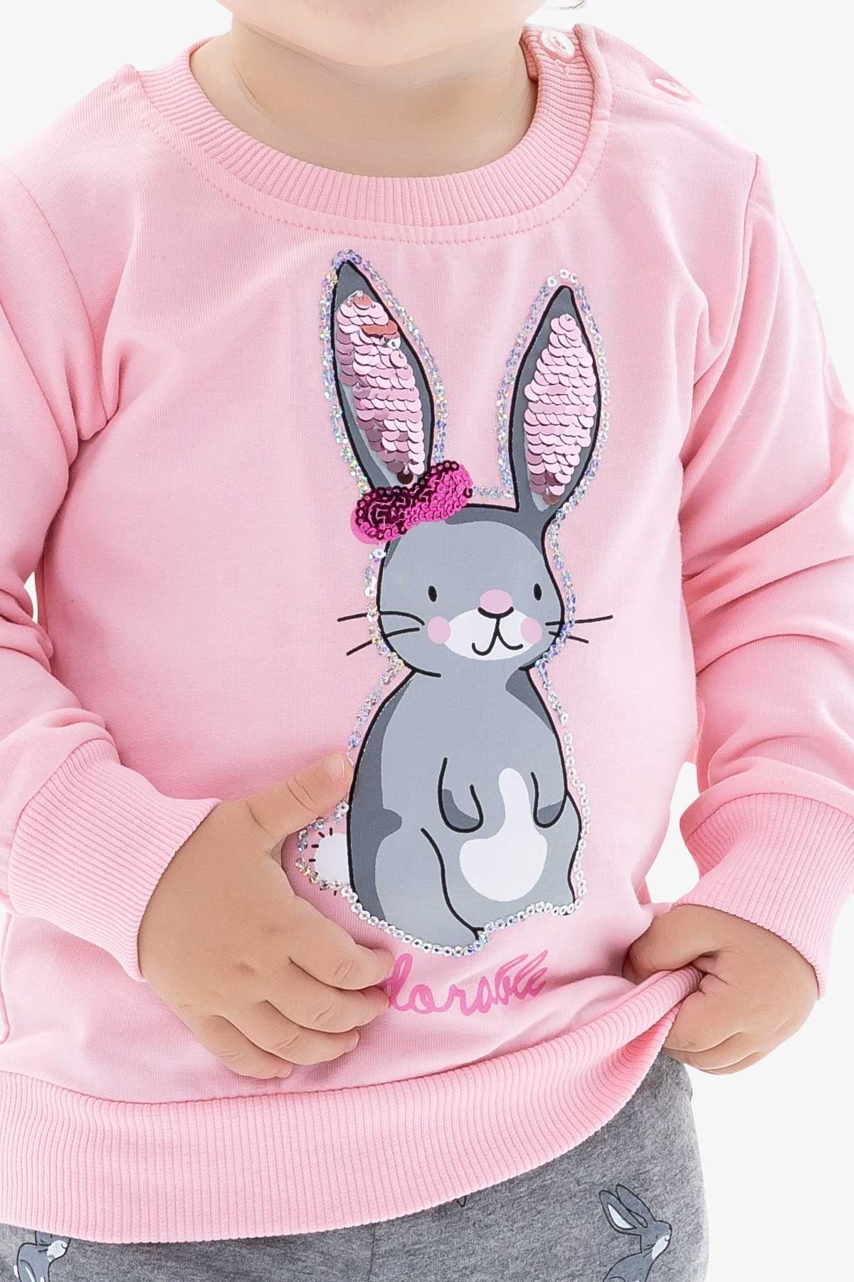 Breeze Kız Bebek Eşofman Takımı Tavşan Baskılı Pullu Pudra (9 Ay-3 Yaş)