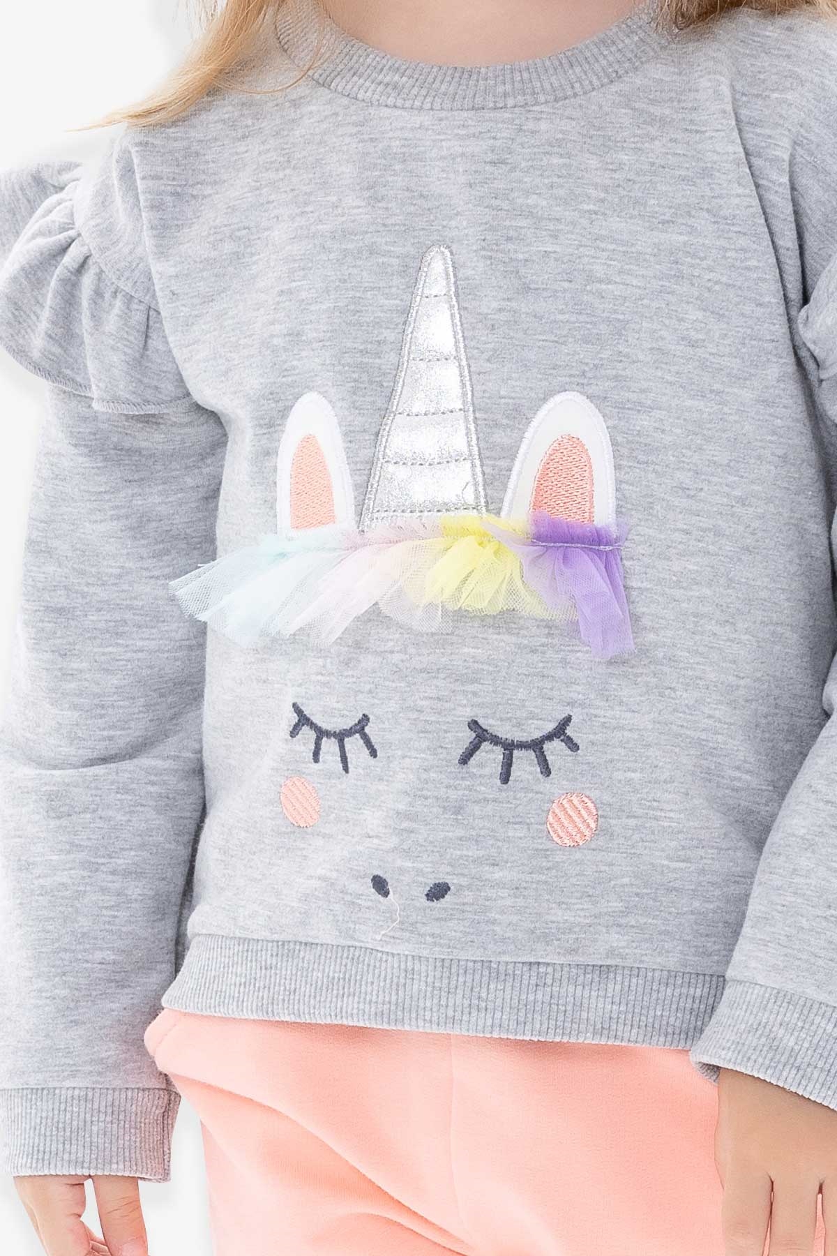 Breeze Kız Bebek Eşofman Takımı Unicorn Gri Melanj (9 Ay-3 Yaş)