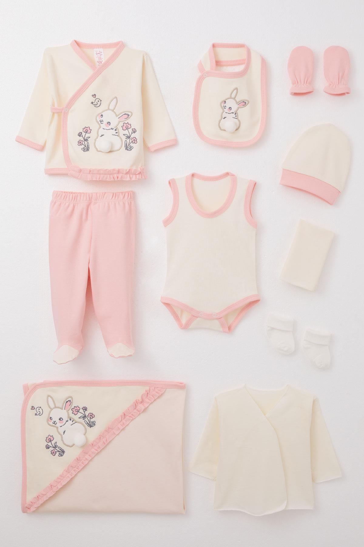 Breeze Kız Bebek Hastane Çıkışı 10 lu Tavşan Nakışlı & Çiçekli Krem (0-3 Ay)