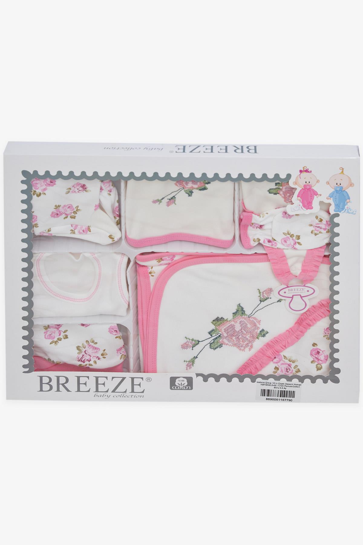 Breeze Kız Bebek Hastane Çıkışı 10 lu Çiçek Desenli Nakışlı Ekru (0-3 Ay)