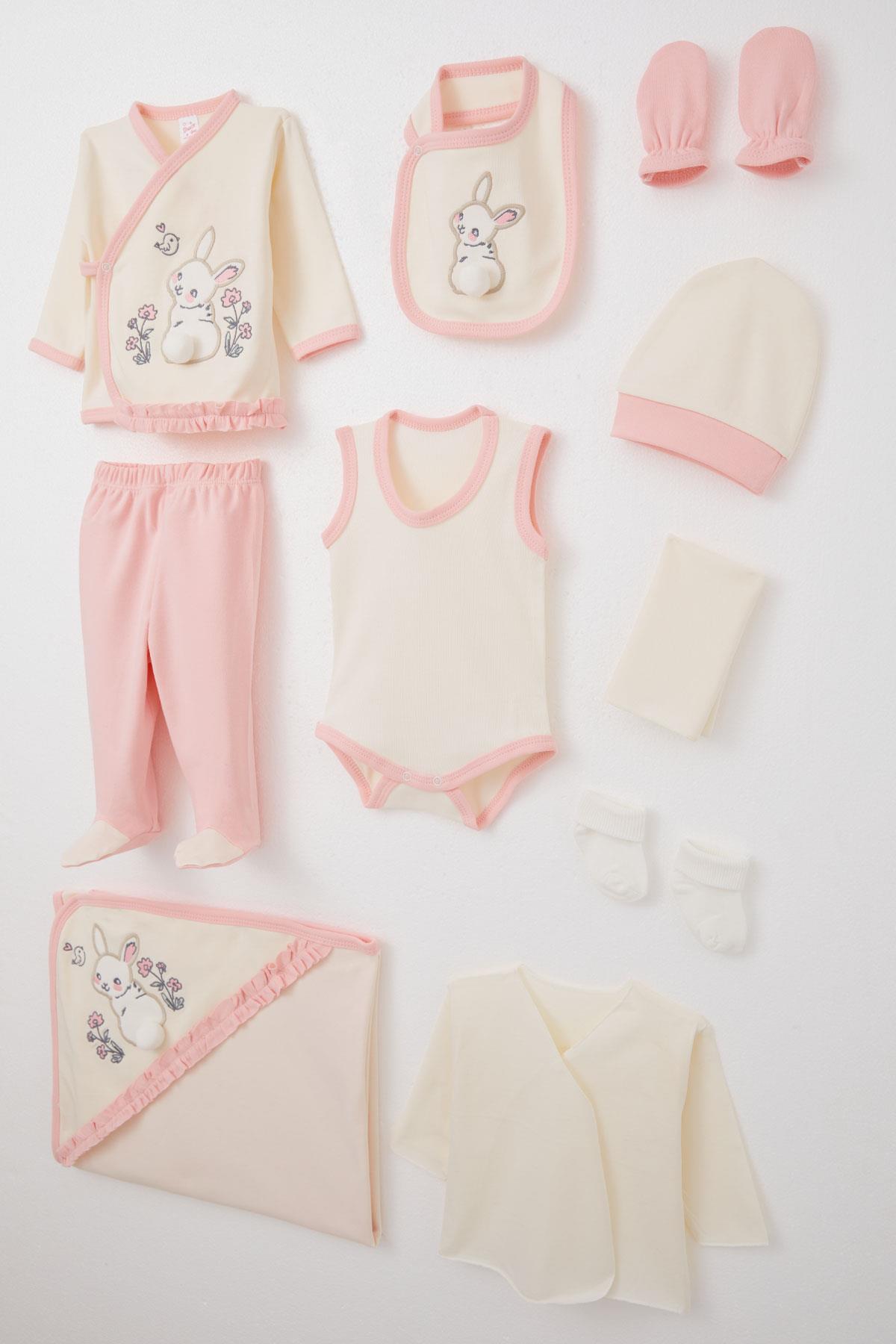 Breeze Kız Bebek Hastane Çıkışı 10 lu Tavşan Nakışlı & Çiçekli Krem (0-3 Ay)