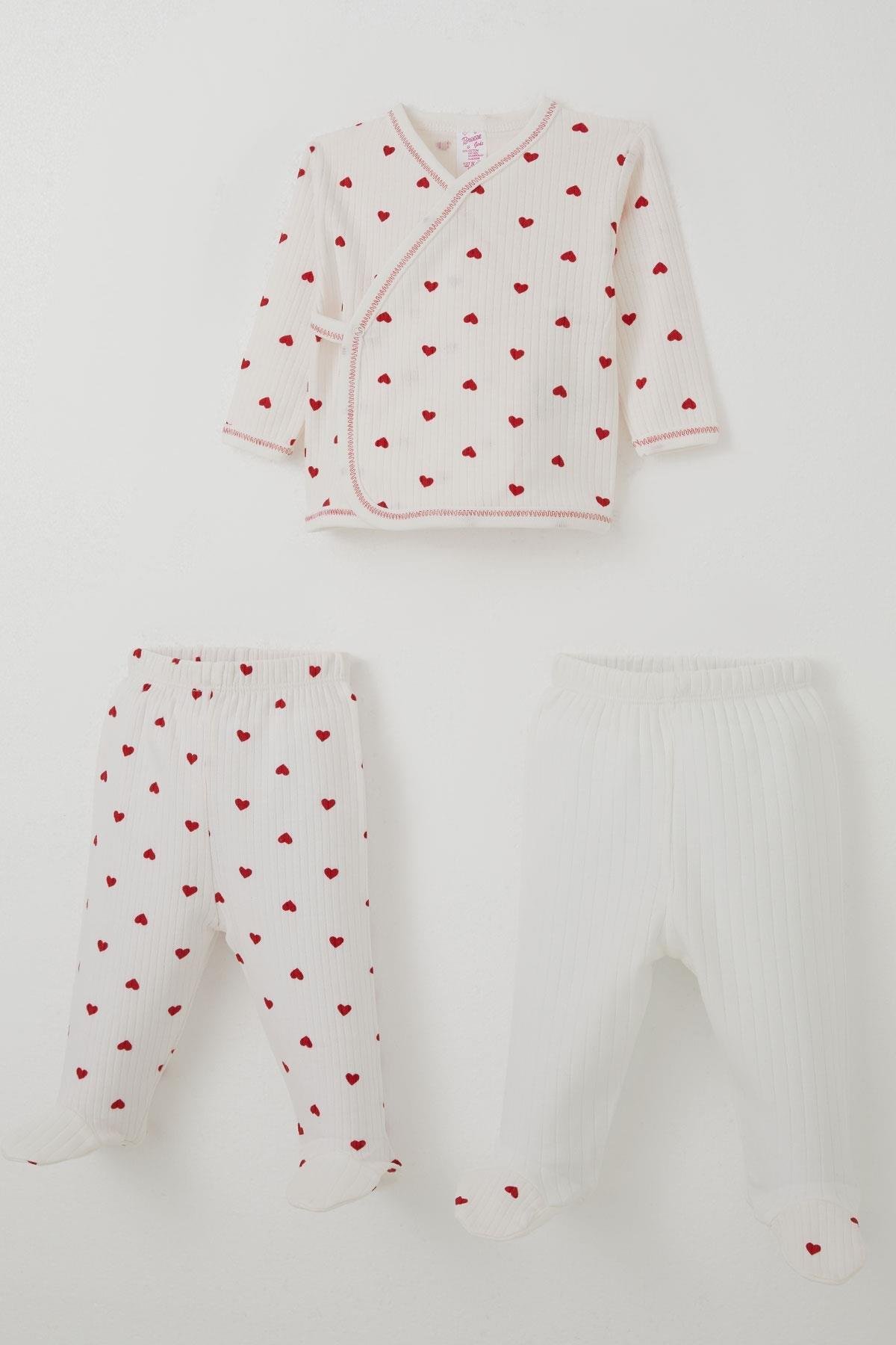 Breeze Kız Bebek Hastane Çıkışı 3 lü Kalp Desenli Ekru (0-4 Ay)