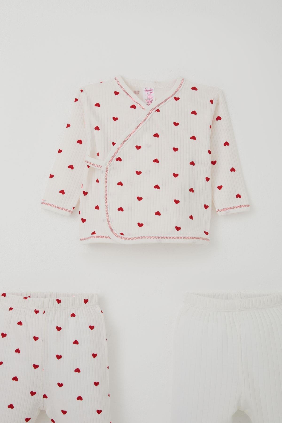 Breeze Kız Bebek Hastane Çıkışı 3 lü Kalp Desenli Ekru (0-4 Ay)