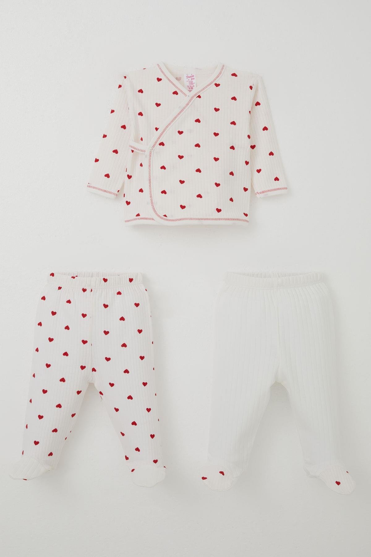 Breeze Kız Bebek Hastane Çıkışı 3 lü Kalp Desenli Ekru (0-4 Ay)