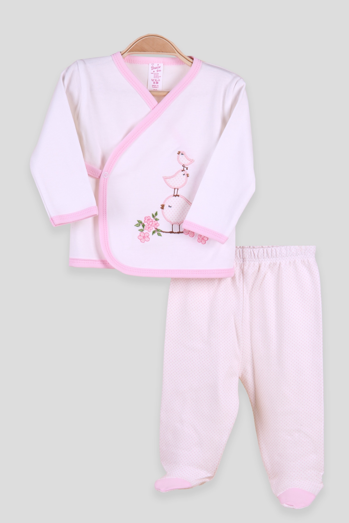 Breeze Kız Bebek Hastane Çıkışı 3 lü Kuş Nakışlı Pembe (0-3 Ay-4 Ay)