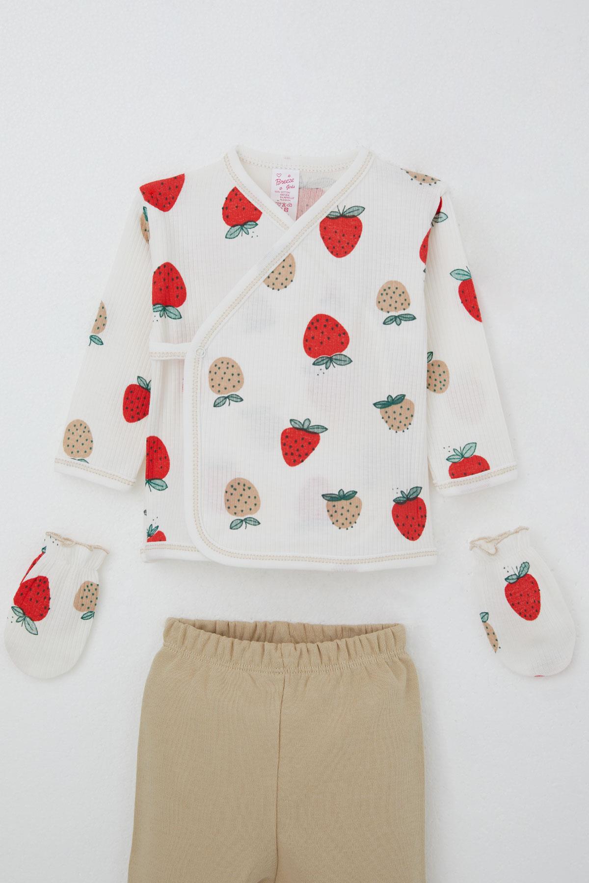 Breeze Kız Bebek Hastane Çıkışı 5 li Çilek Bahçesi Desenli Ekru (0-3 Ay)