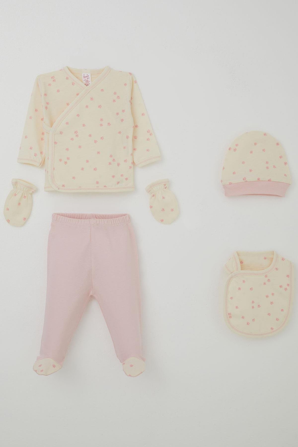 Breeze Kız Bebek Hastane Çıkışı 5 li Çiçek Desenli Krem (0-3 Ay)