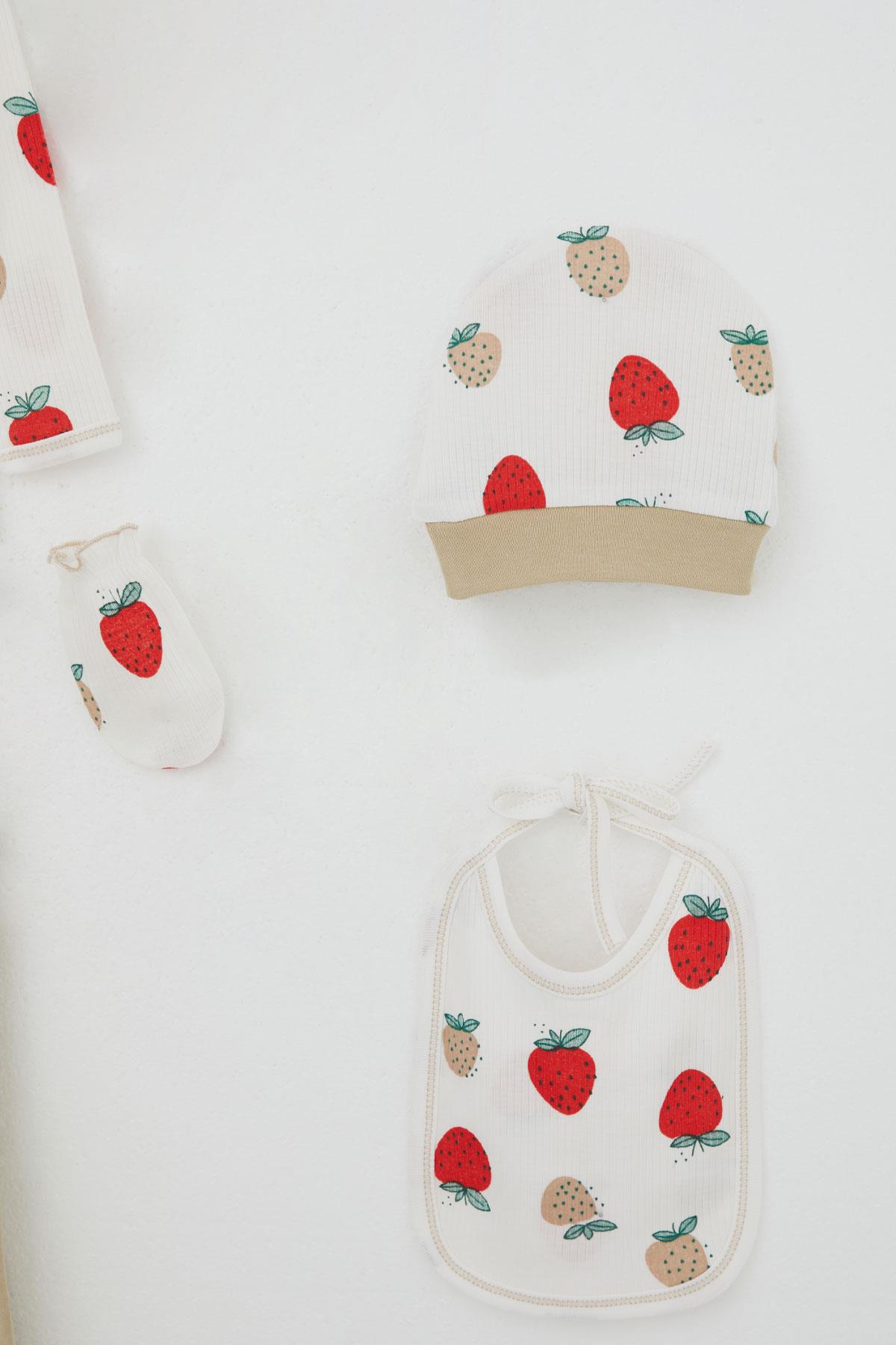 Breeze Kız Bebek Hastane Çıkışı 5 li Çilek Bahçesi Desenli Ekru (0-3 Ay)