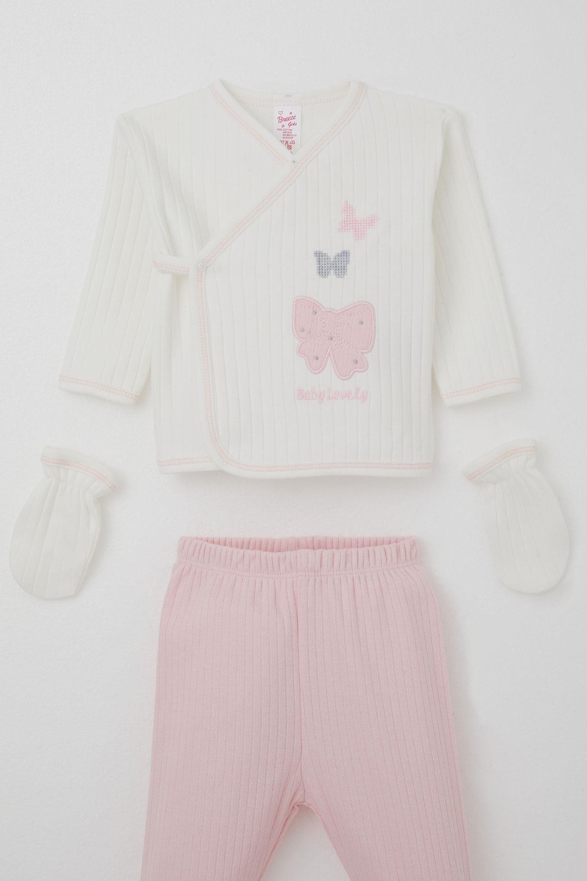 Breeze Kız Bebek Hastane Çıkışı 5 li Fiyonk & Kelebek Nakışlı Ekru (0-3 Ay)