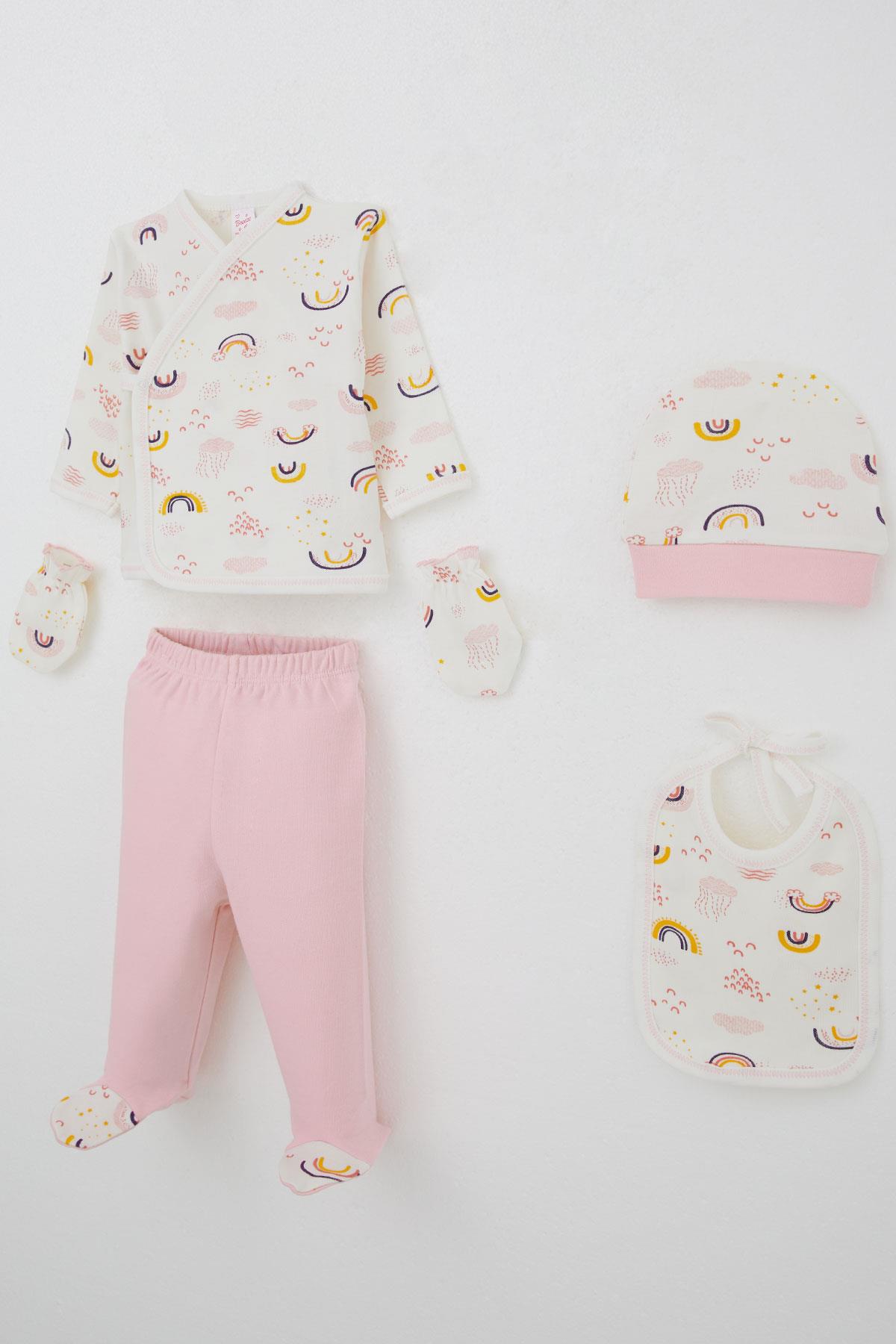 Breeze Kız Bebek Hastane Çıkışı 5 li Gökyüzü Temalı Bulut Desenli Ekru (0-3 Ay)