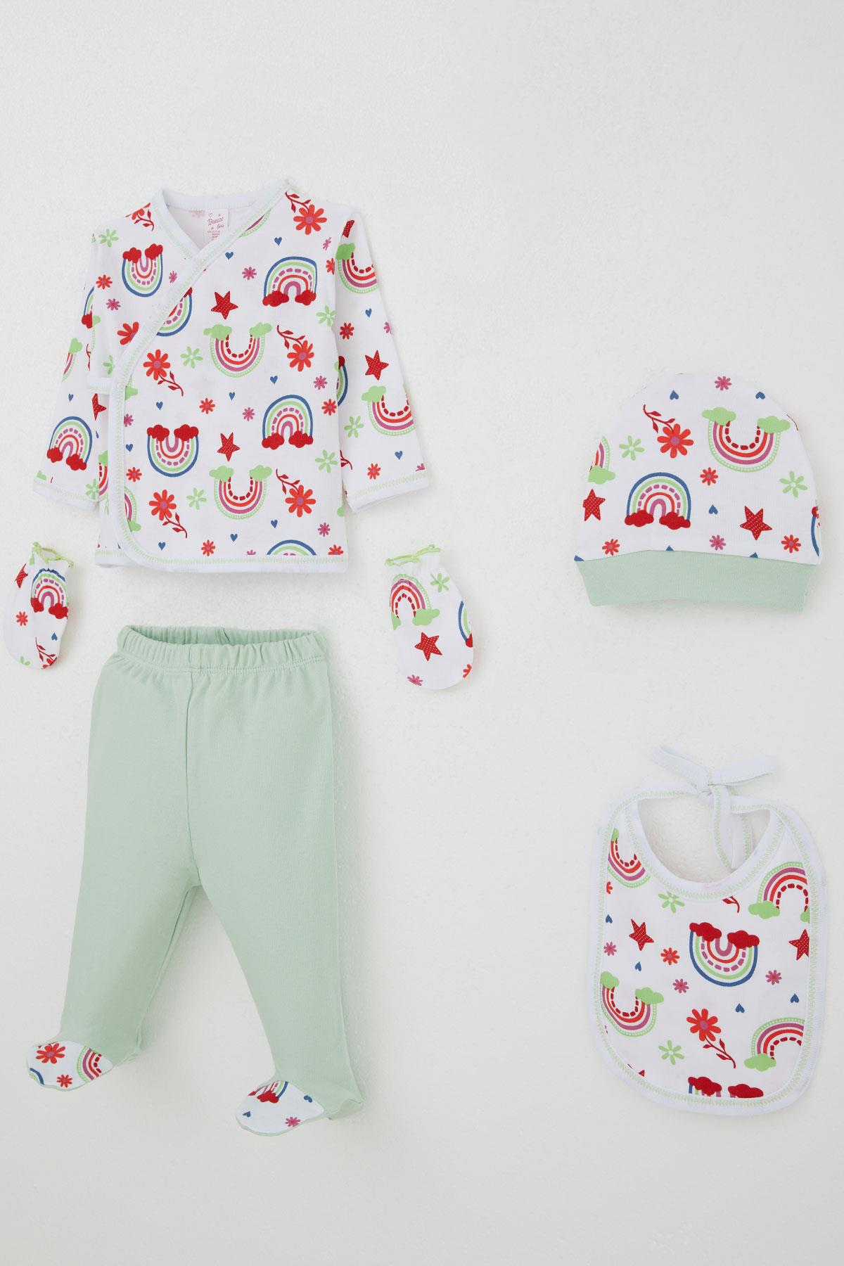 Breeze Kız Bebek Hastane Çıkışı 5 li Gökkuşağı Masalı Çiçek Desenli Beyaz (0-3 Ay)