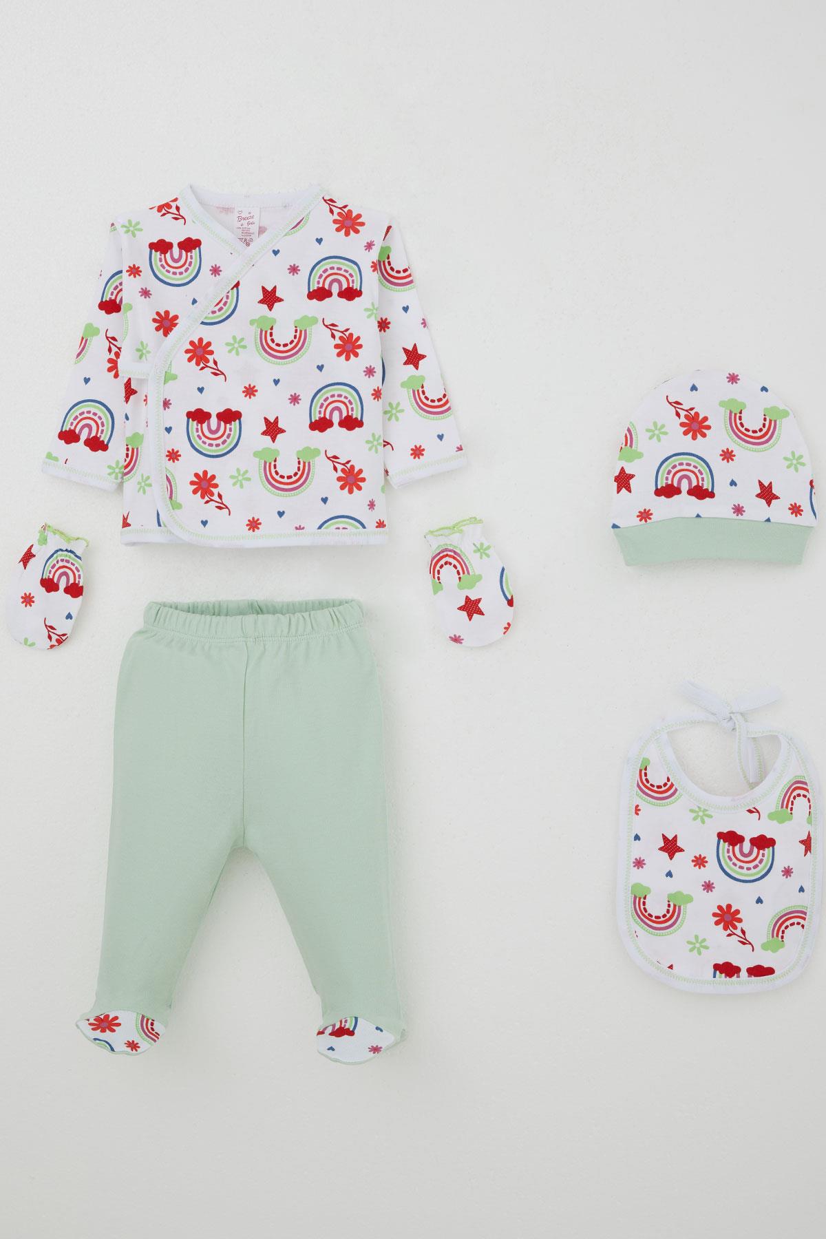 Breeze Kız Bebek Hastane Çıkışı 5 li Gökkuşağı Masalı Çiçek Desenli Beyaz (0-3 Ay)
