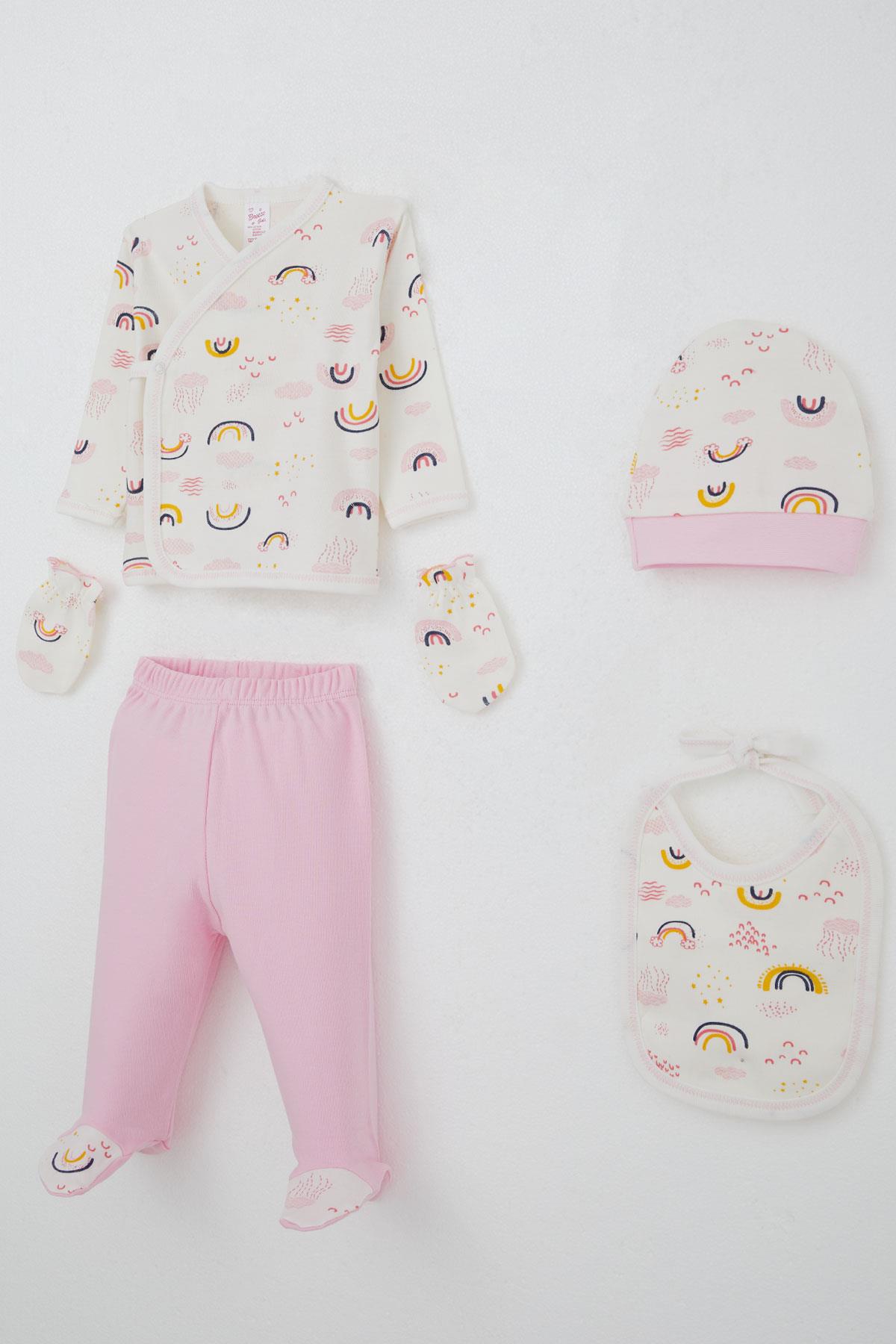 Breeze Kız Bebek Hastane Çıkışı 5 li Gökyüzü Temalı Bulut Desenli Ekru (0-3 Ay)