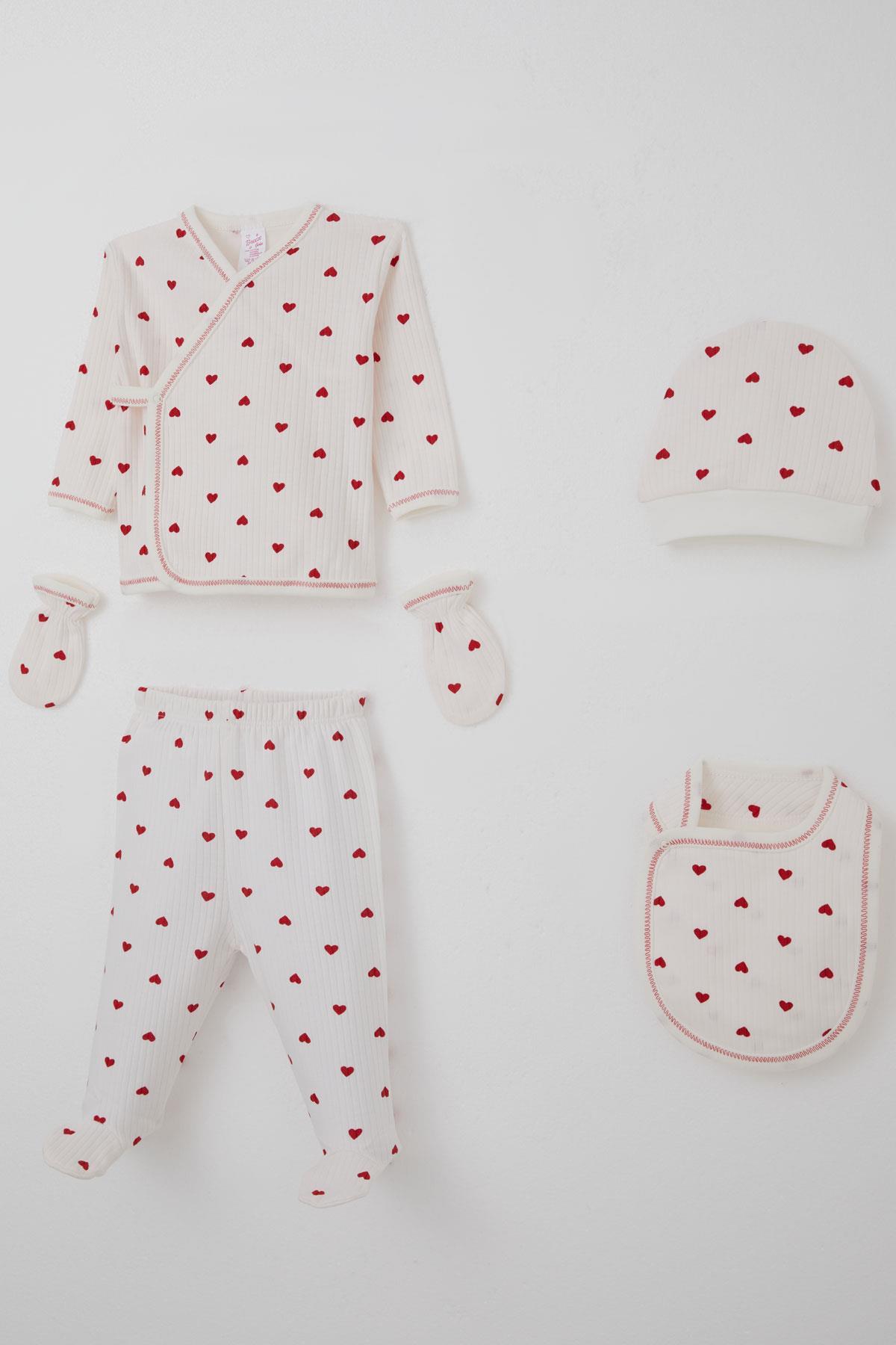 Breeze Kız Bebek Hastane Çıkışı 5 li Kalp Desenli Ekru (0-3 Ay)