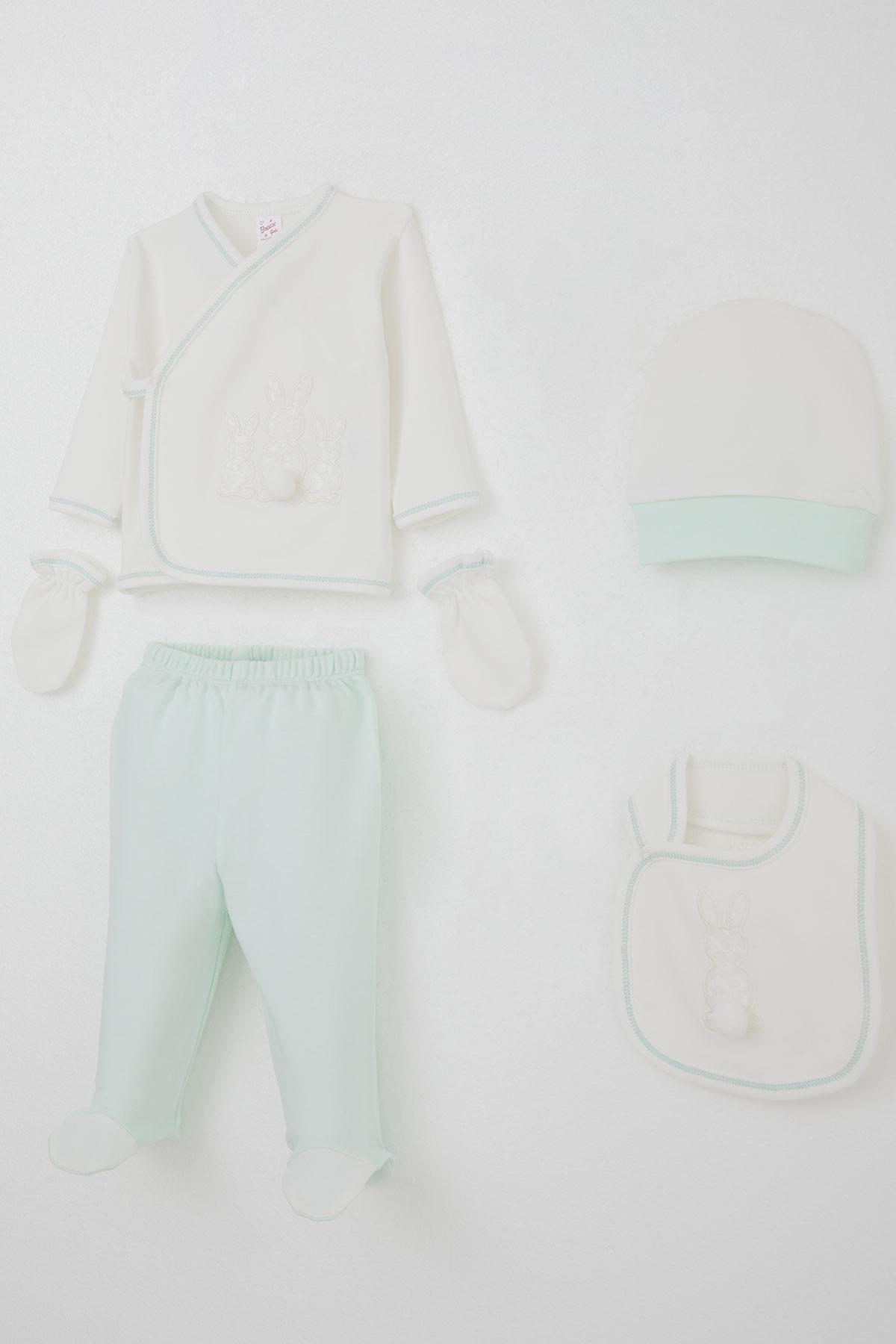 Breeze Kız Bebek Hastane Çıkışı 5 li Ponponlu Tavşancık Nakışlı Ekru (0-3 Ay)