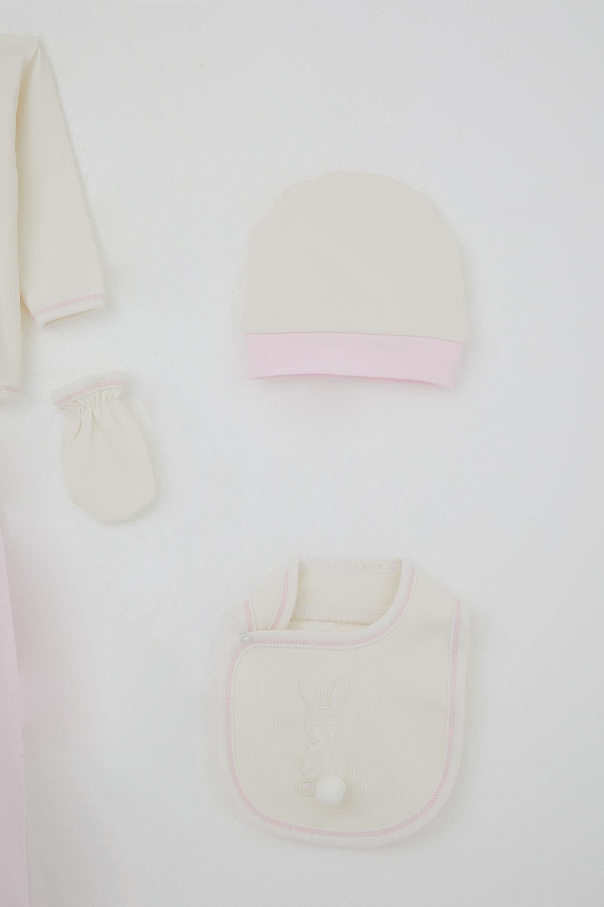 Breeze Kız Bebek Hastane Çıkışı 5 li Ponponlu Tavşancık Nakışlı Ekru (0-3 Ay)