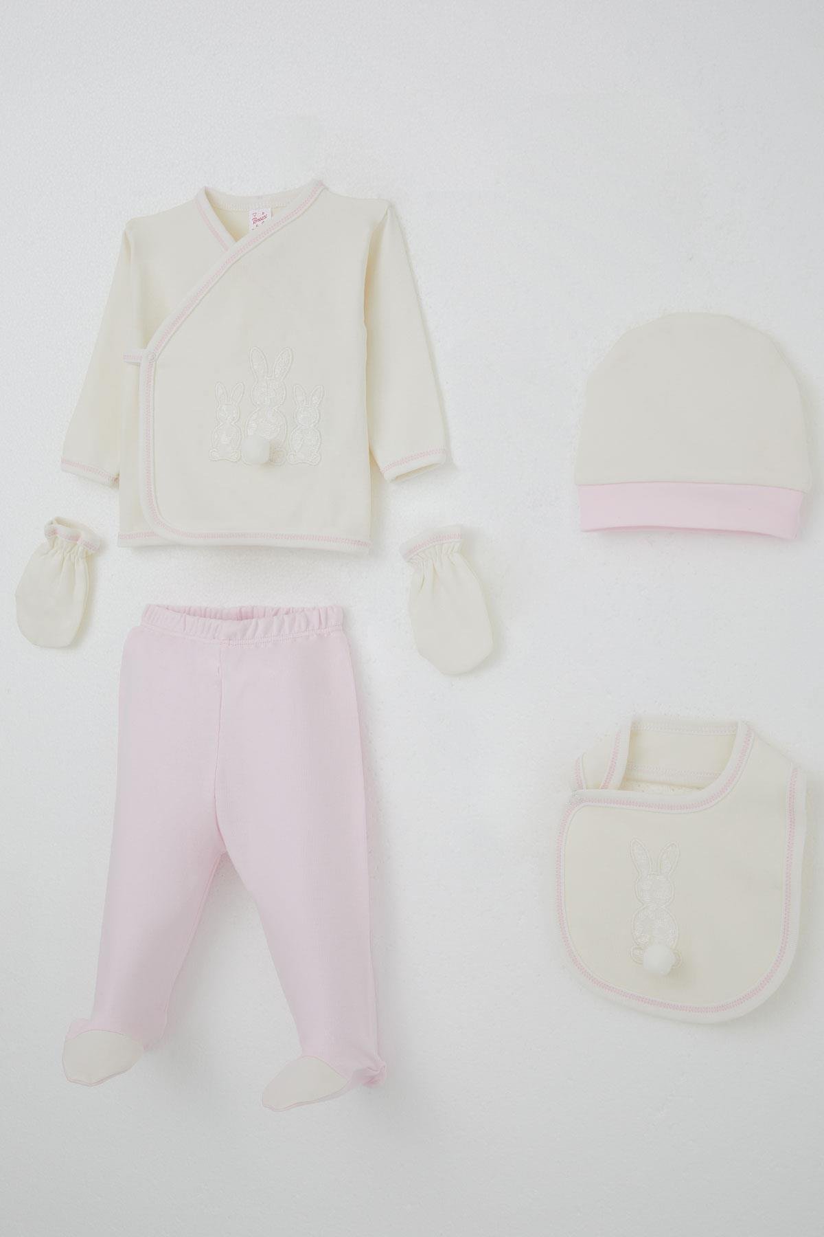 Breeze Kız Bebek Hastane Çıkışı 5 li Ponponlu Tavşancık Nakışlı Ekru (0-3 Ay)