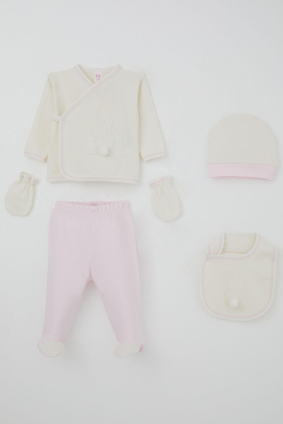 Breeze Kız Bebek Hastane Çıkışı 5 li Ponponlu Tavşancık Nakışlı Ekru (0-3 Ay)