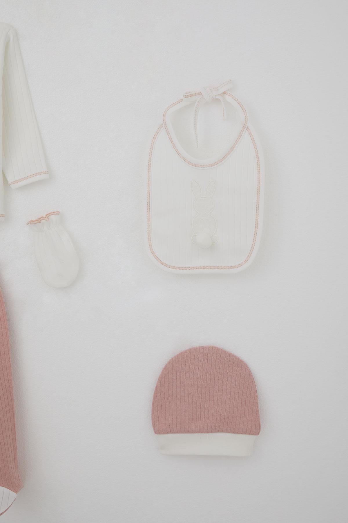 Breeze Kız Bebek Hastane Çıkışı 5 li Ponponlu Tavşancık Nakışlı Ekru (0-3 Ay)