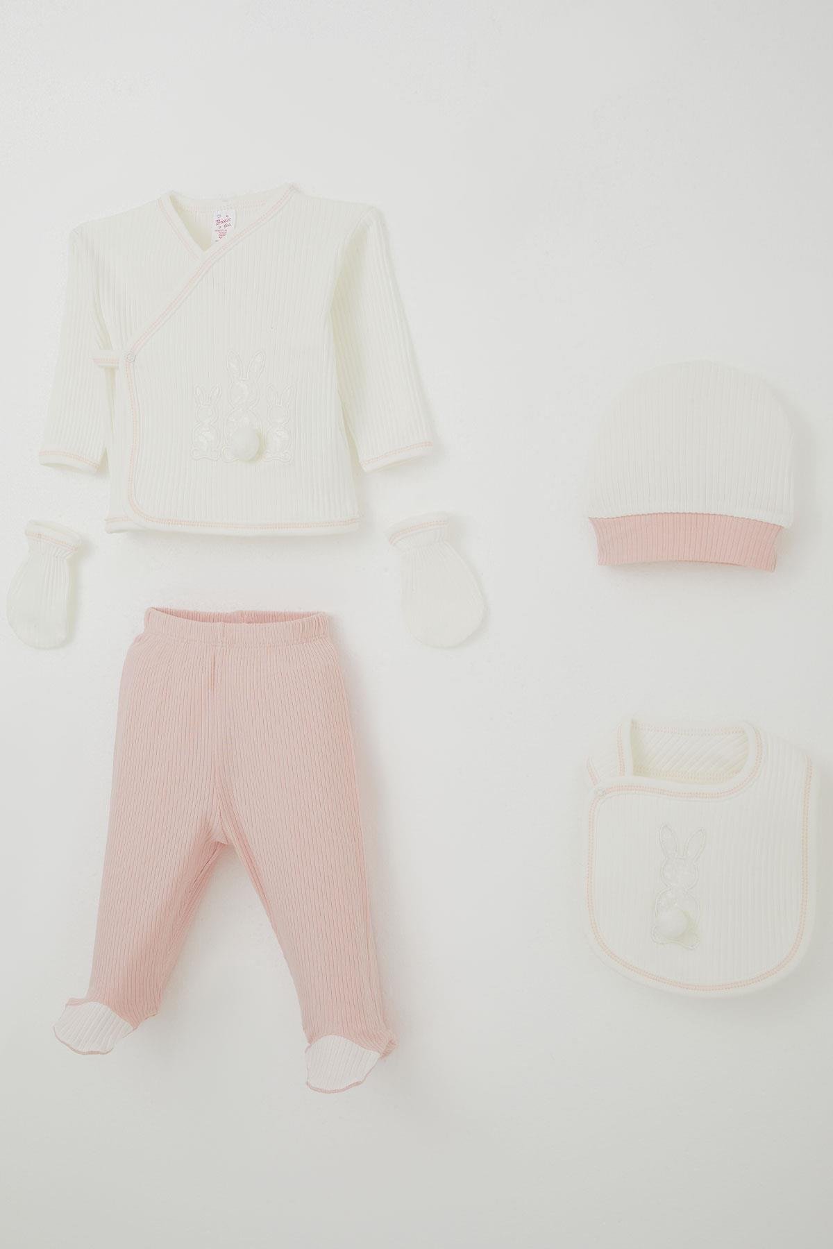 Breeze Kız Bebek Hastane Çıkışı 5 li Ponponlu Tavşancık Nakışlı Ekru (0-3 Ay)