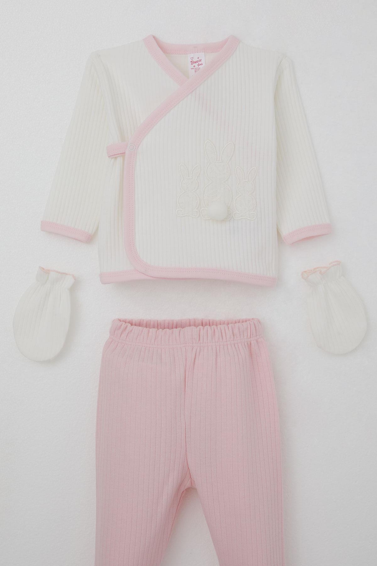 Breeze Kız Bebek Hastane Çıkışı 5 li Ponponlu Tavşancık Nakışlı Beyaz (0-3 Ay)