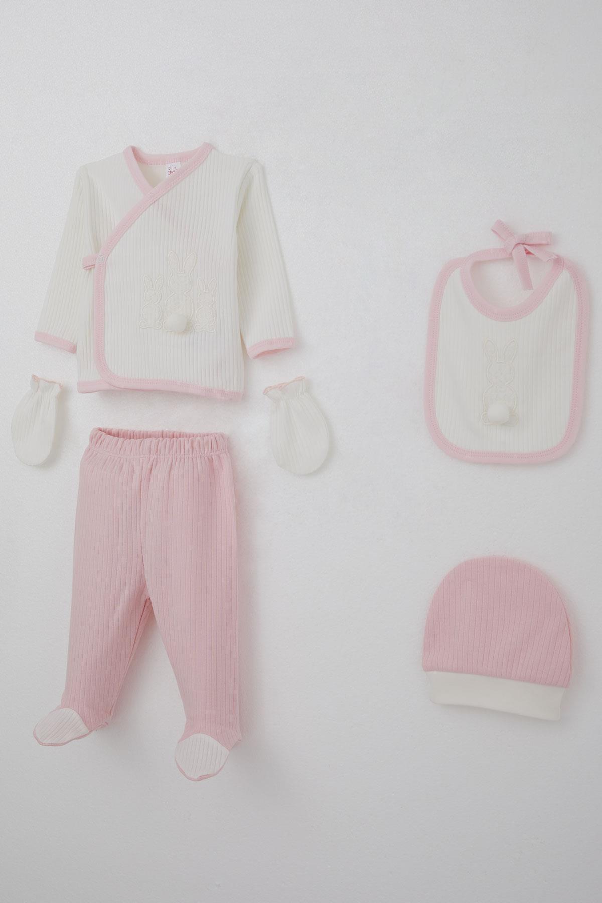 Breeze Kız Bebek Hastane Çıkışı 5 li Ponponlu Tavşancık Nakışlı Beyaz (0-3 Ay)