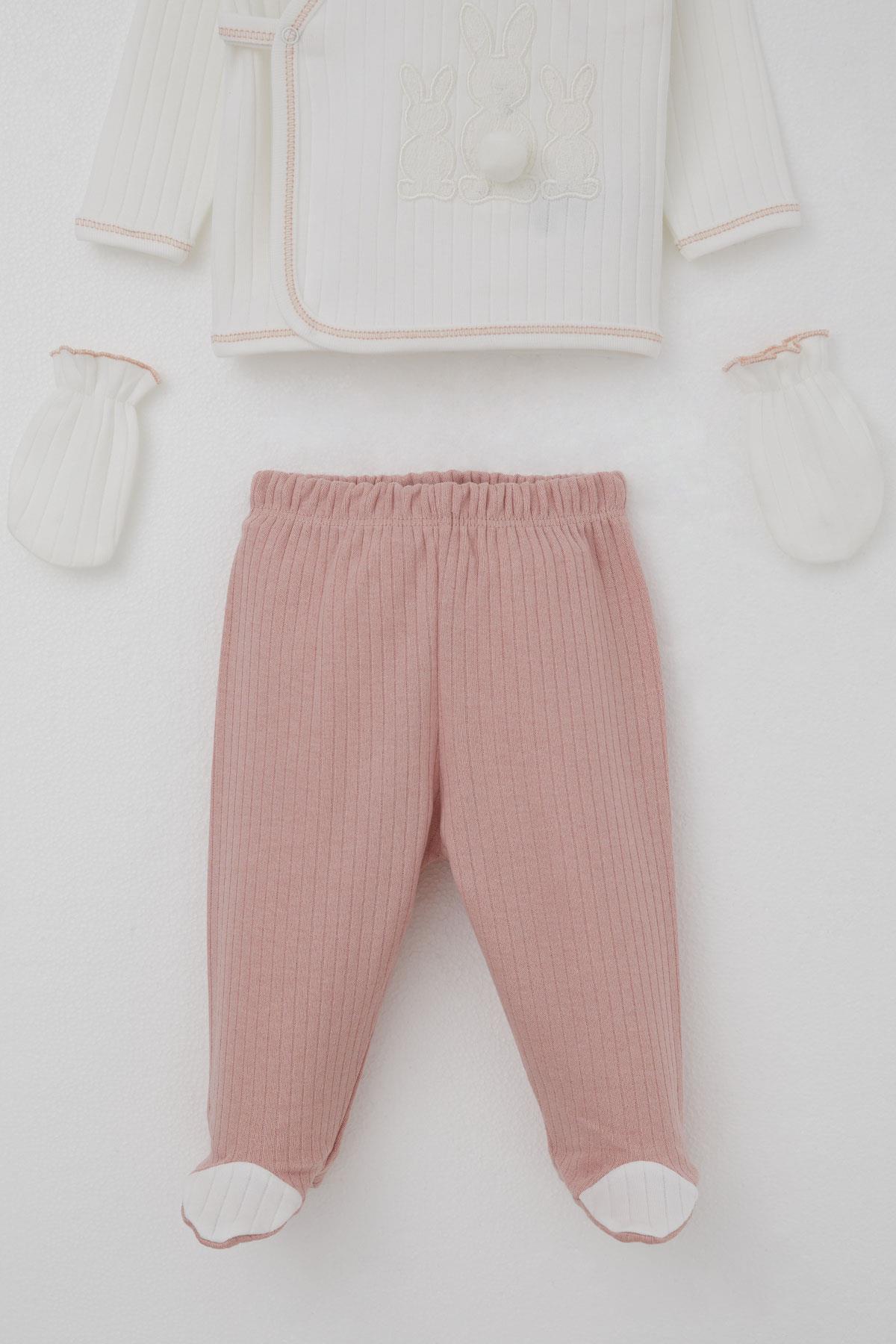 Breeze Kız Bebek Hastane Çıkışı 5 li Ponponlu Tavşancık Nakışlı Ekru (0-3 Ay)