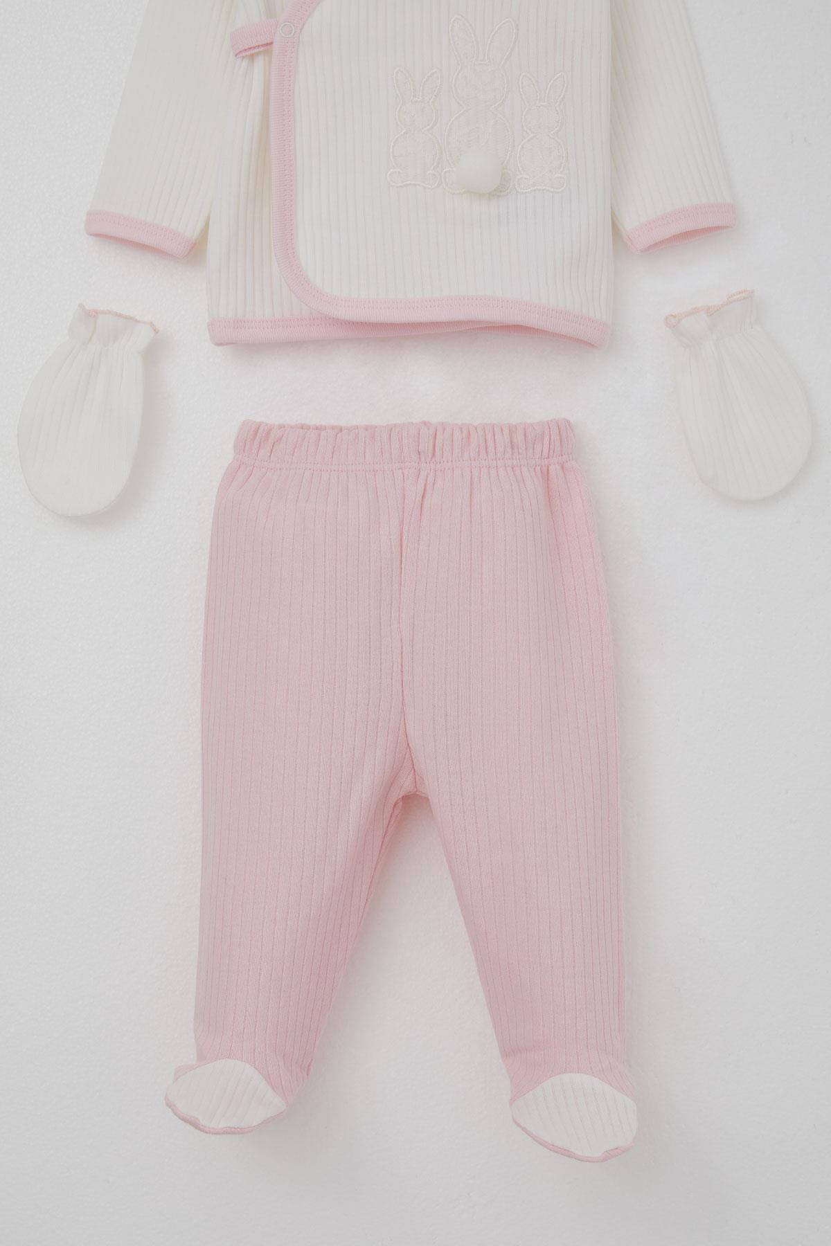 Breeze Kız Bebek Hastane Çıkışı 5 li Ponponlu Tavşancık Nakışlı Beyaz (0-3 Ay)