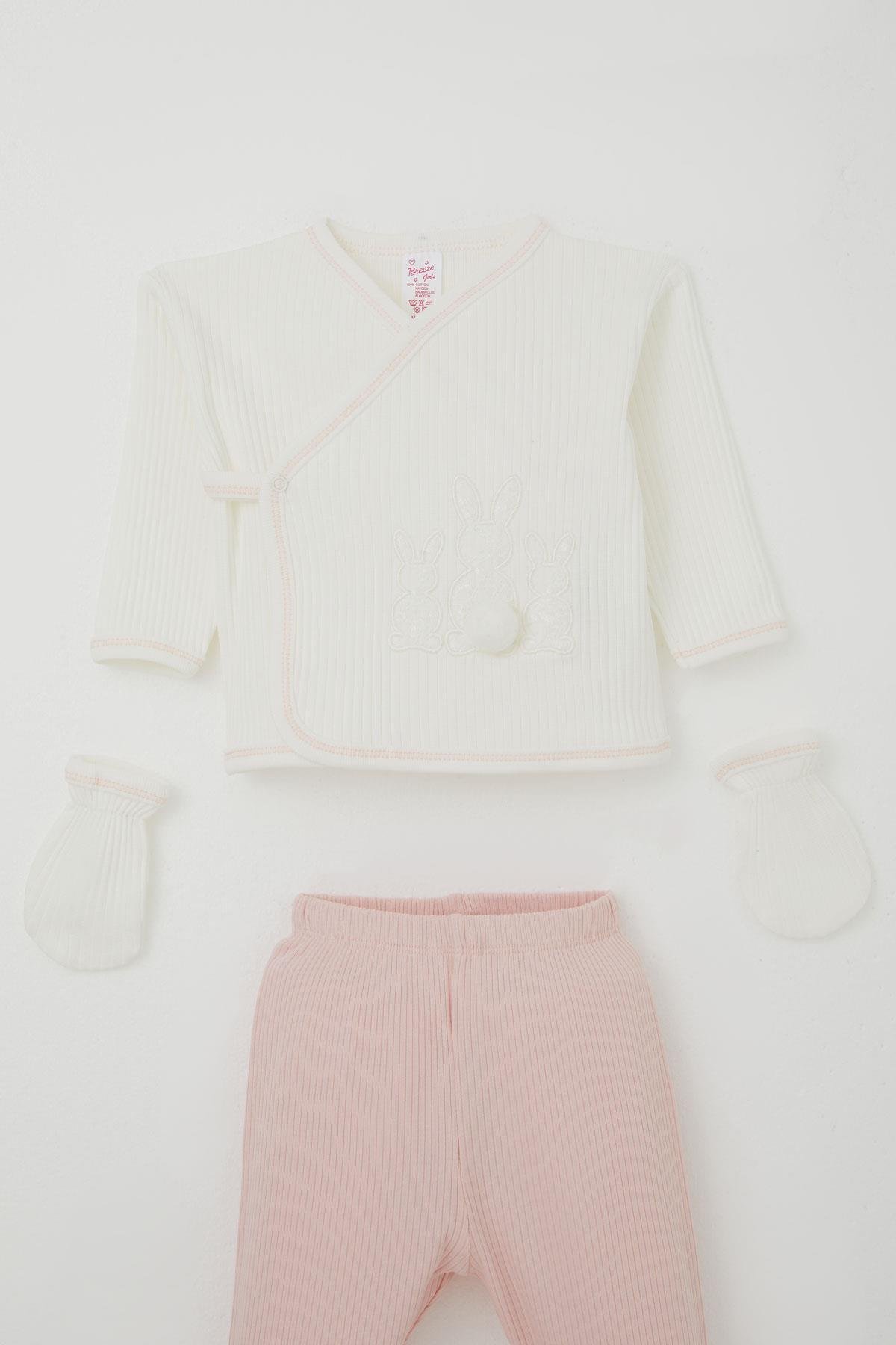 Breeze Kız Bebek Hastane Çıkışı 5 li Ponponlu Tavşancık Nakışlı Ekru (0-3 Ay)