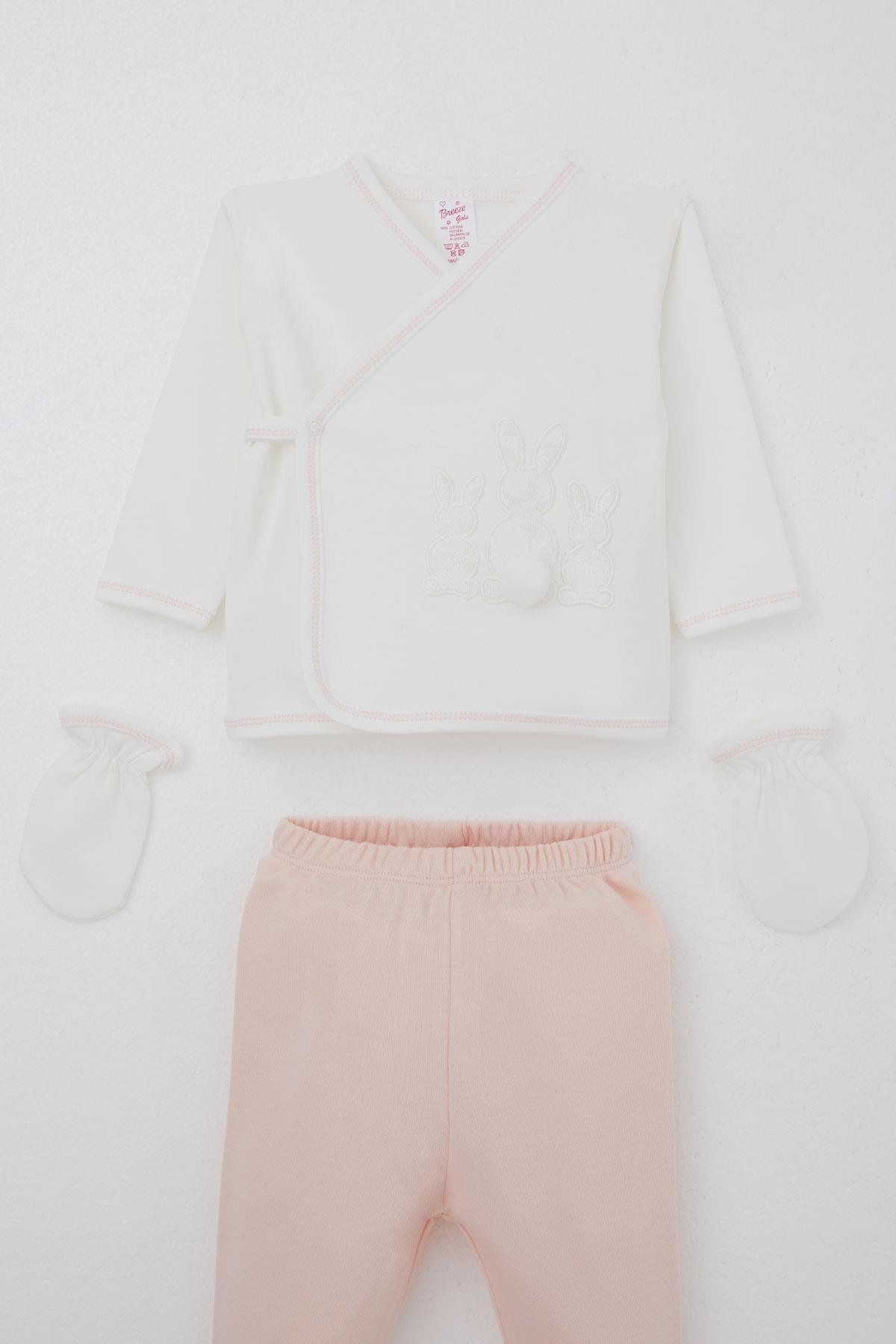 Breeze Kız Bebek Hastane Çıkışı 5 li Ponponlu Tavşancık Nakışlı Ekru (0-3 Ay)