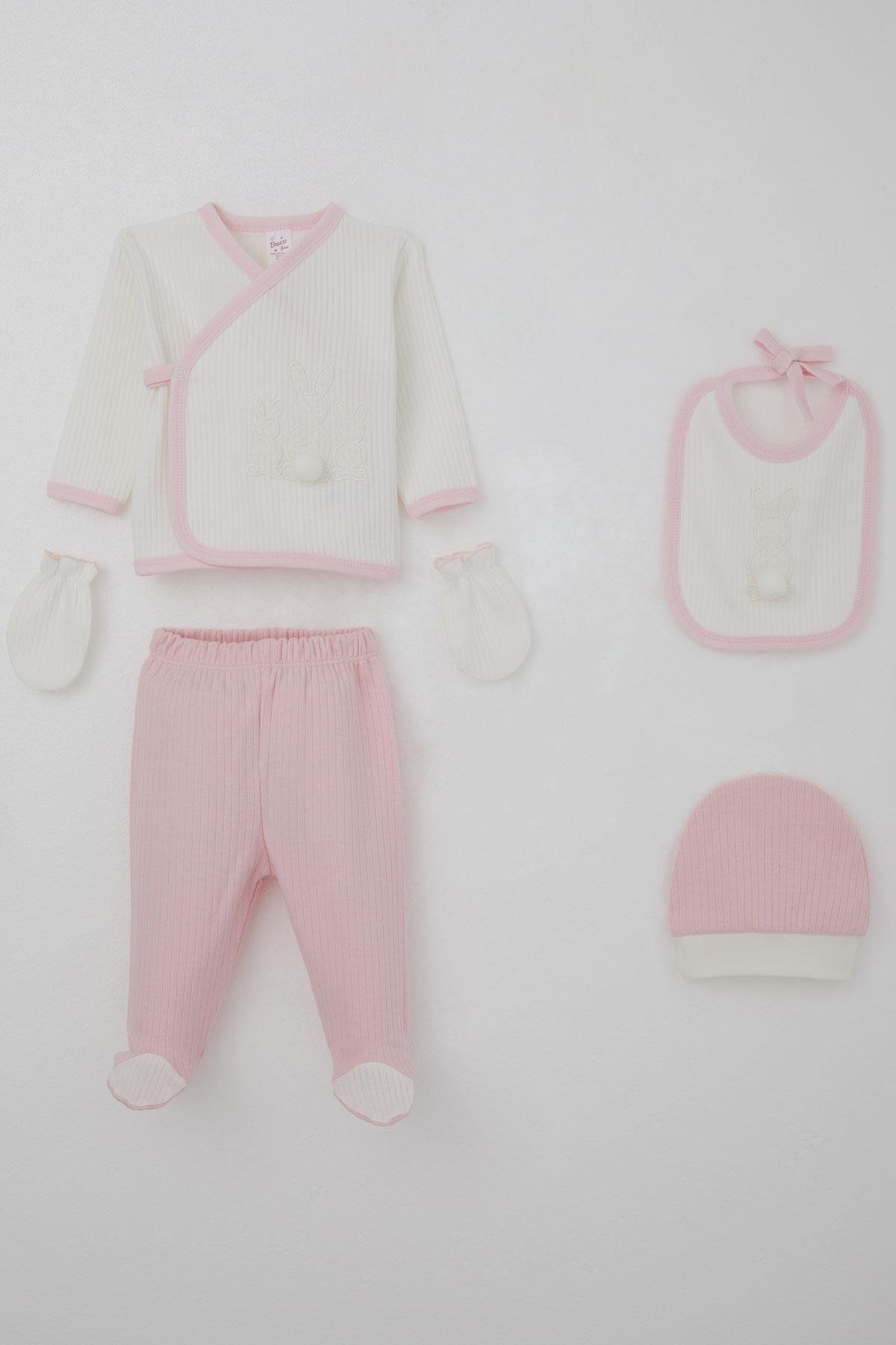 Breeze Kız Bebek Hastane Çıkışı 5 li Ponponlu Tavşancık Nakışlı Beyaz (0-3 Ay)