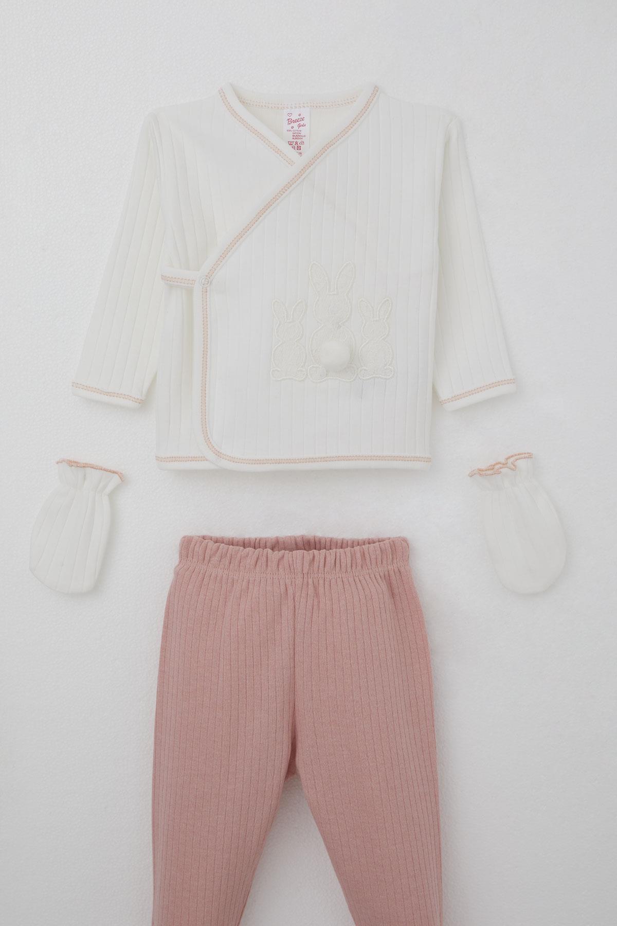 Breeze Kız Bebek Hastane Çıkışı 5 li Ponponlu Tavşancık Nakışlı Ekru (0-3 Ay)
