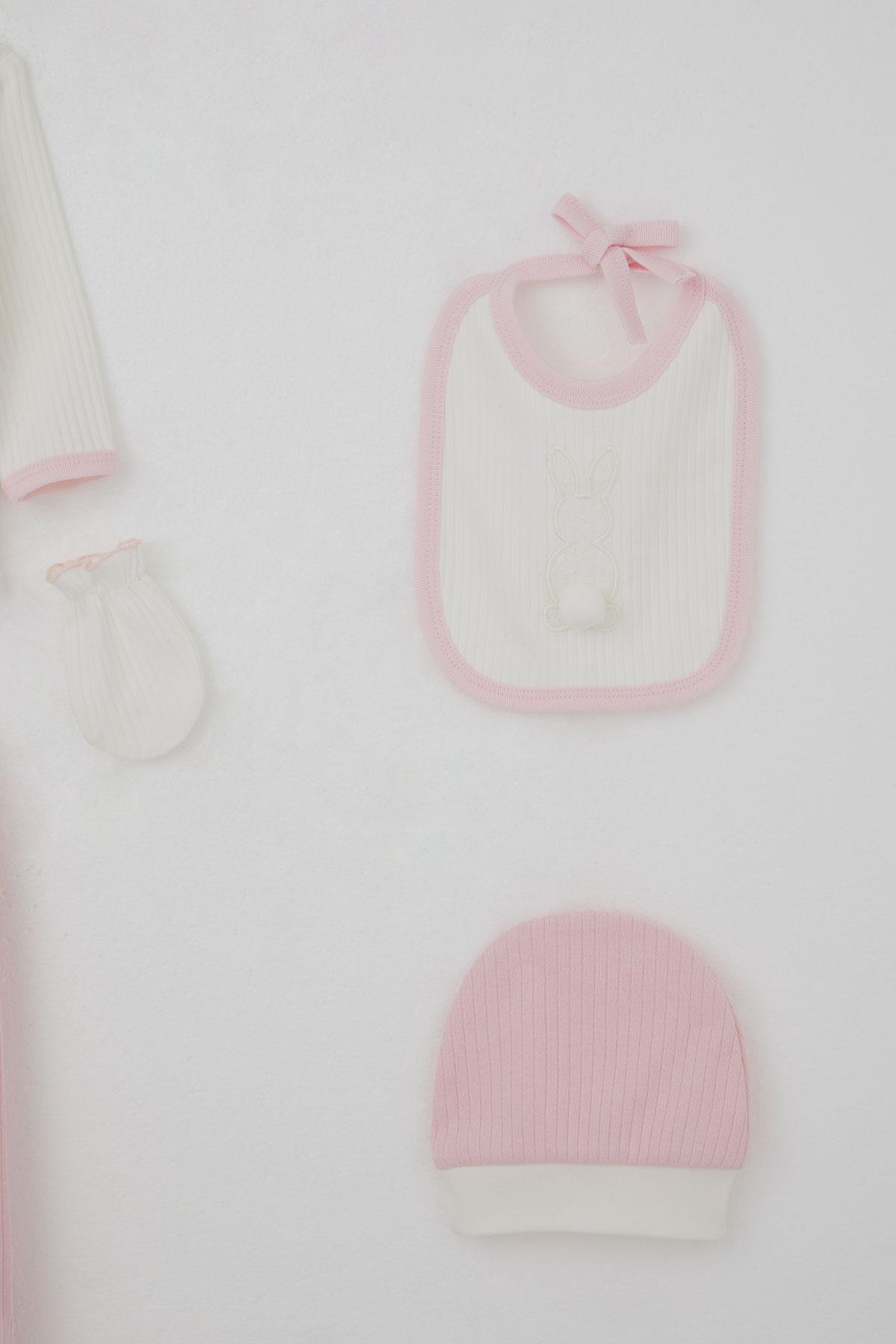 Breeze Kız Bebek Hastane Çıkışı 5 li Ponponlu Tavşancık Nakışlı Beyaz (0-3 Ay)