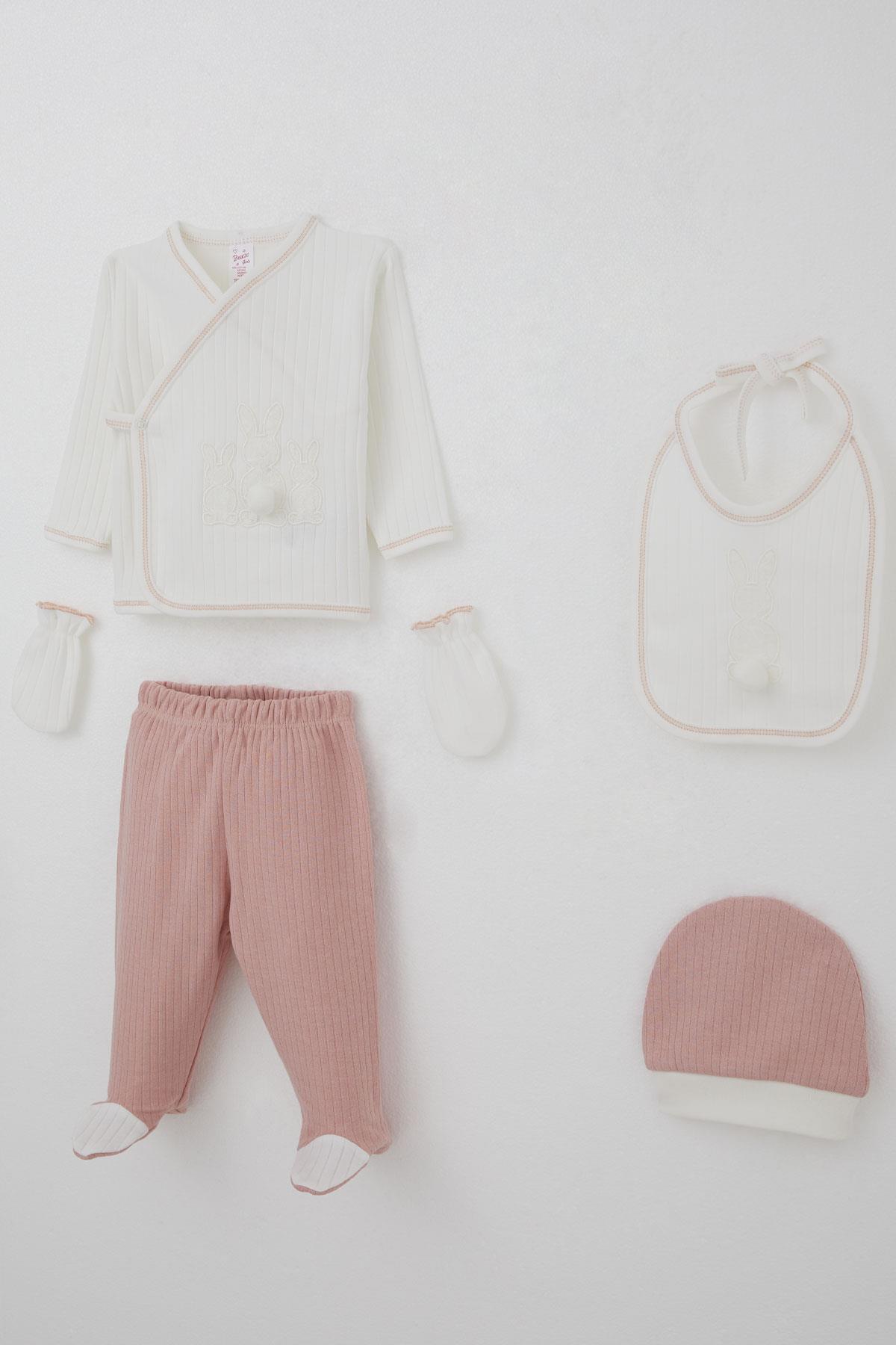 Breeze Kız Bebek Hastane Çıkışı 5 li Ponponlu Tavşancık Nakışlı Ekru (0-3 Ay)