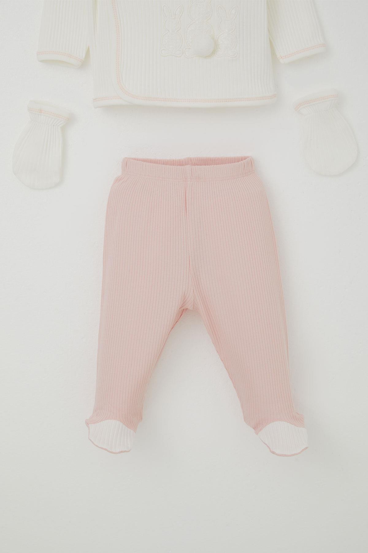 Breeze Kız Bebek Hastane Çıkışı 5 li Ponponlu Tavşancık Nakışlı Ekru (0-3 Ay)