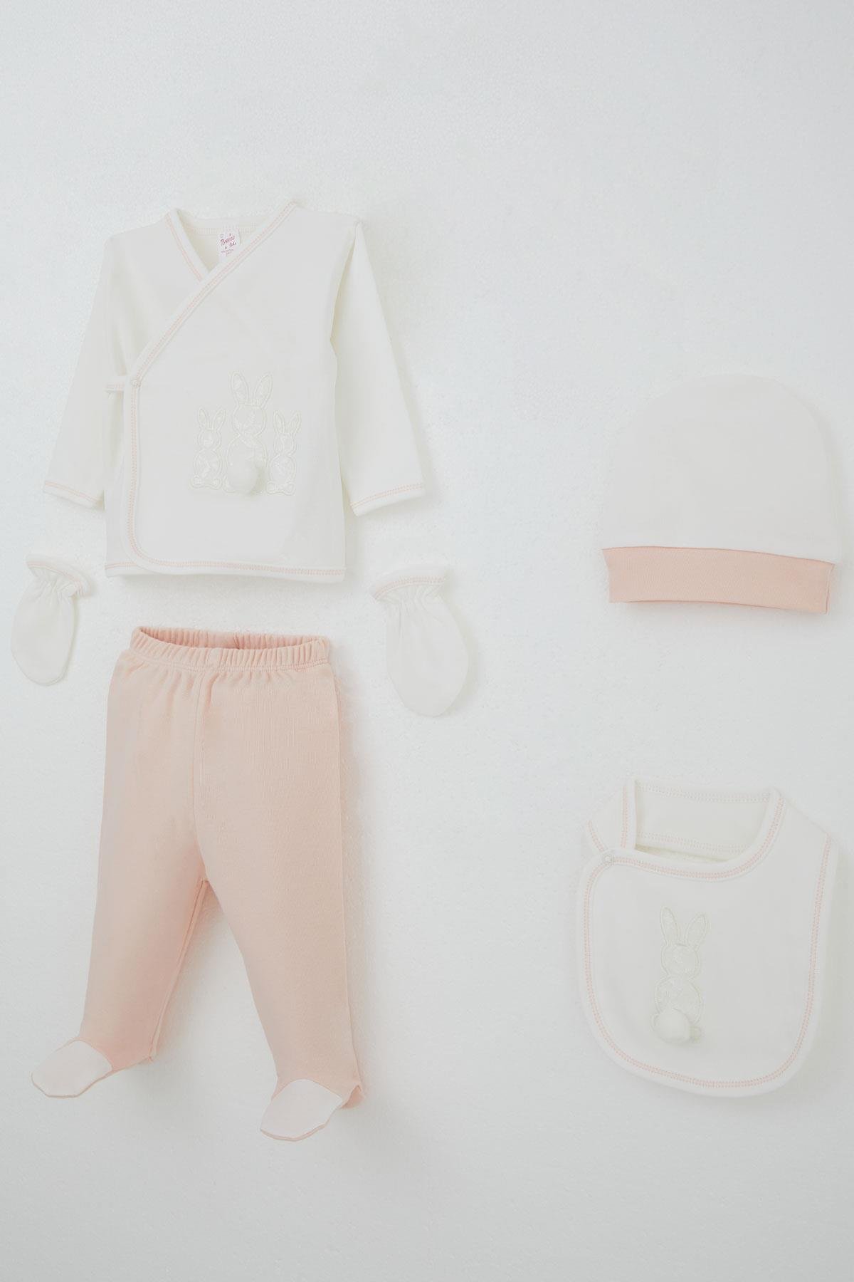 Breeze Kız Bebek Hastane Çıkışı 5 li Ponponlu Tavşancık Nakışlı Ekru (0-3 Ay)