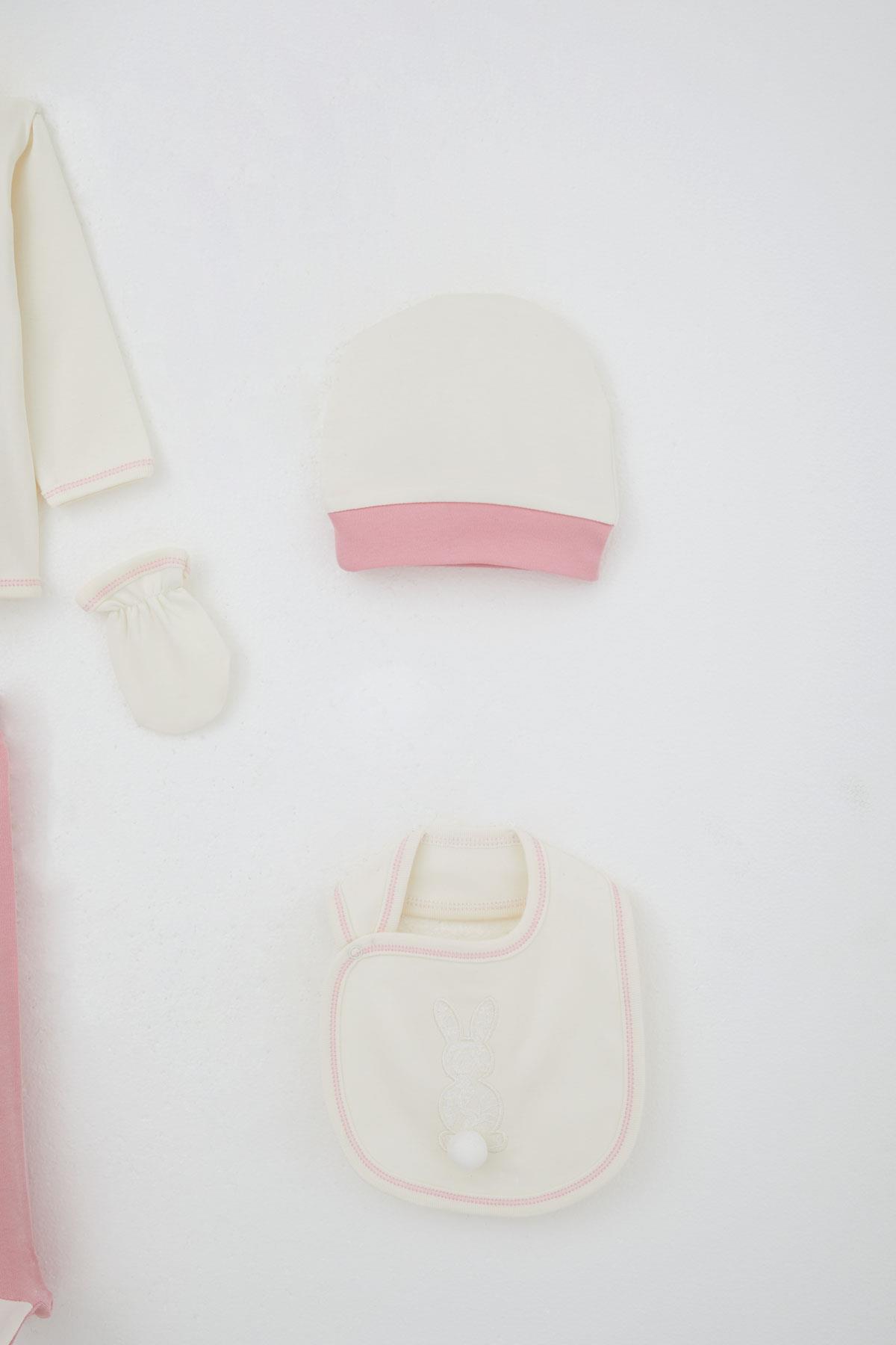 Breeze Kız Bebek Hastane Çıkışı 5 li Ponponlu Tavşancık Nakışlı Ekru (0-3 Ay)