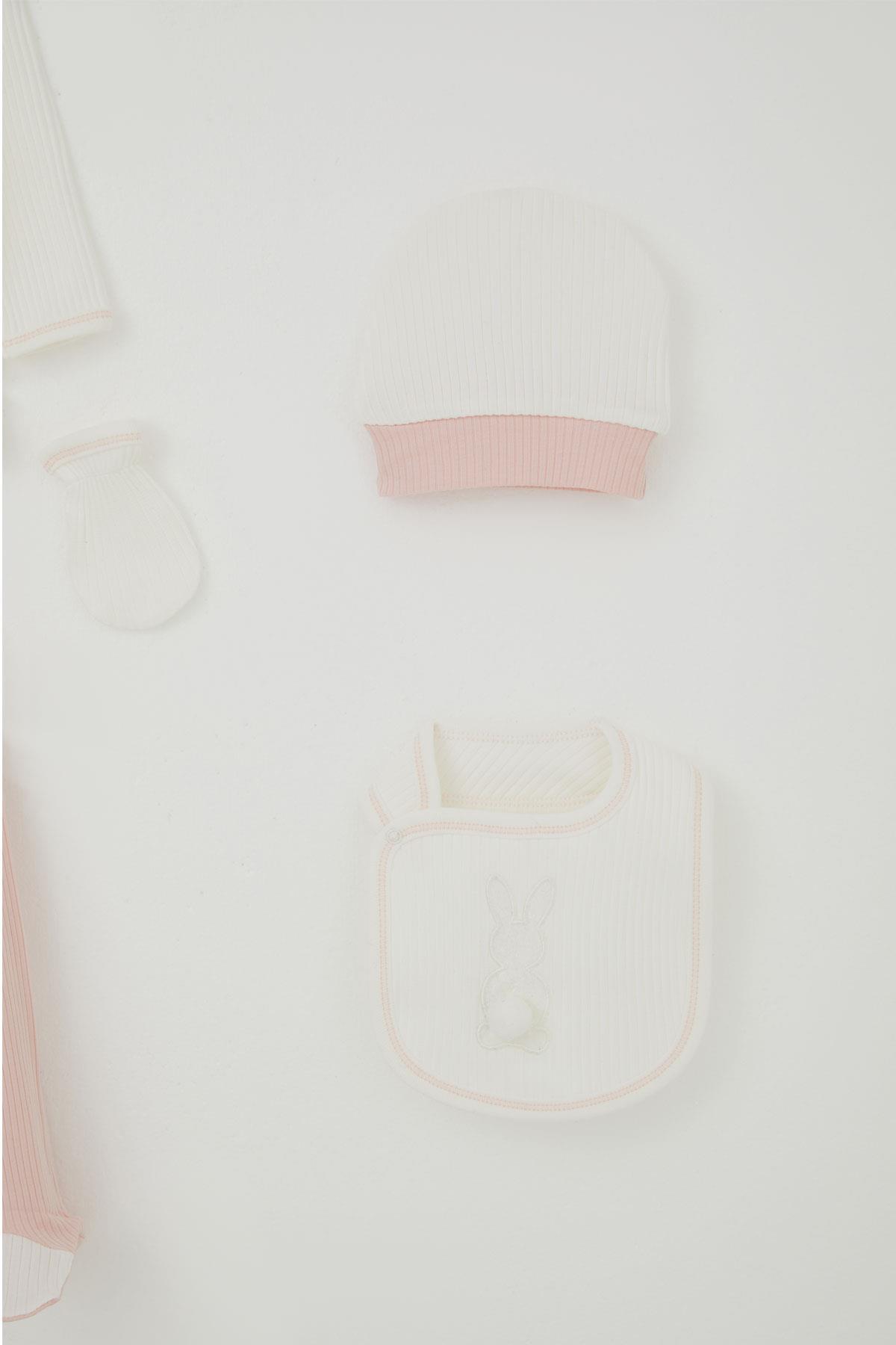 Breeze Kız Bebek Hastane Çıkışı 5 li Ponponlu Tavşancık Nakışlı Ekru (0-3 Ay)