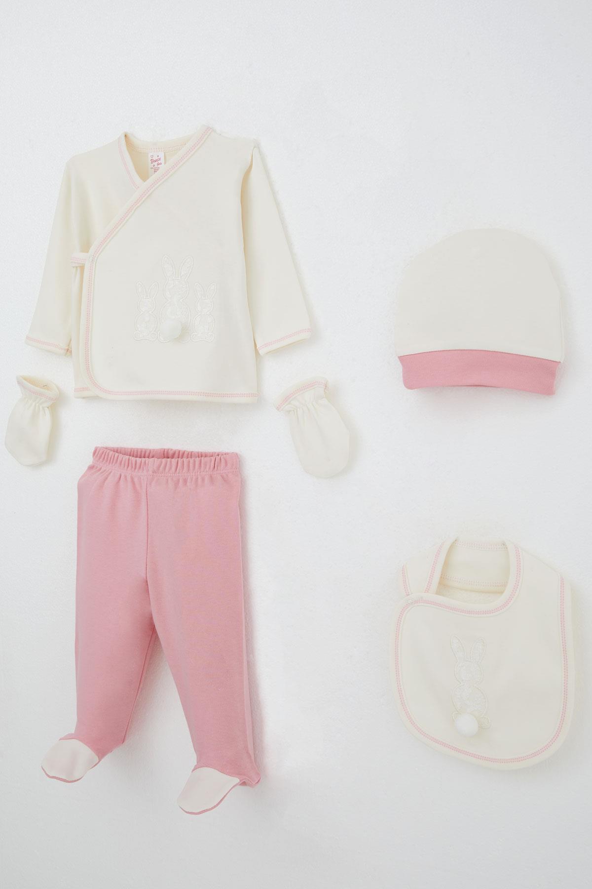 Breeze Kız Bebek Hastane Çıkışı 5 li Ponponlu Tavşancık Nakışlı Ekru (0-3 Ay)