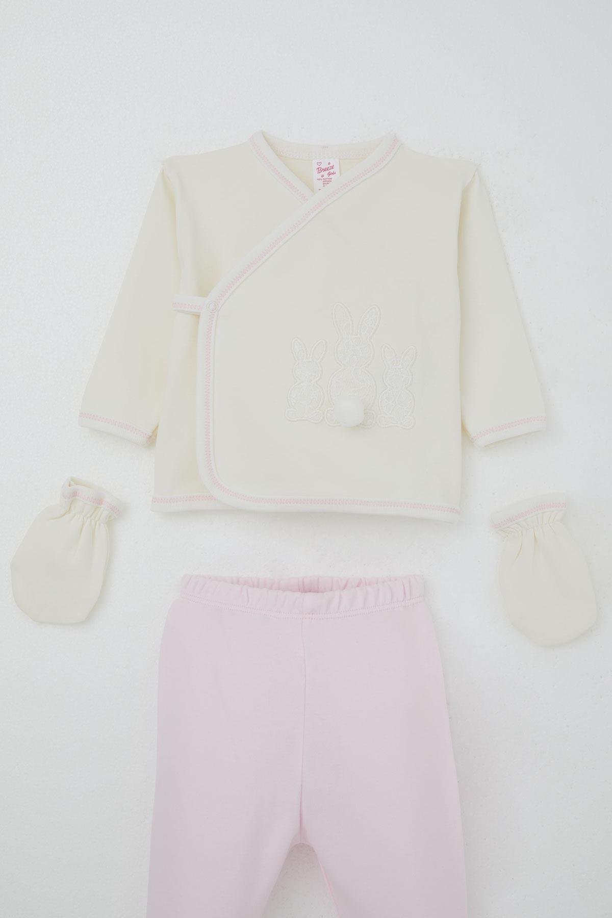 Breeze Kız Bebek Hastane Çıkışı 5 li Ponponlu Tavşancık Nakışlı Ekru (0-3 Ay)