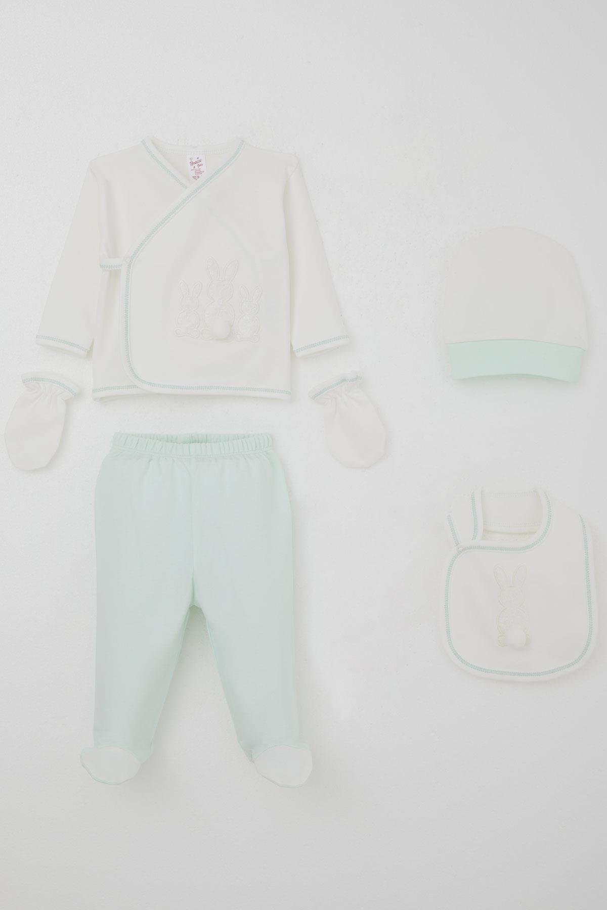 Breeze Kız Bebek Hastane Çıkışı 5 li Ponponlu Tavşancık Nakışlı Ekru (0-3 Ay)