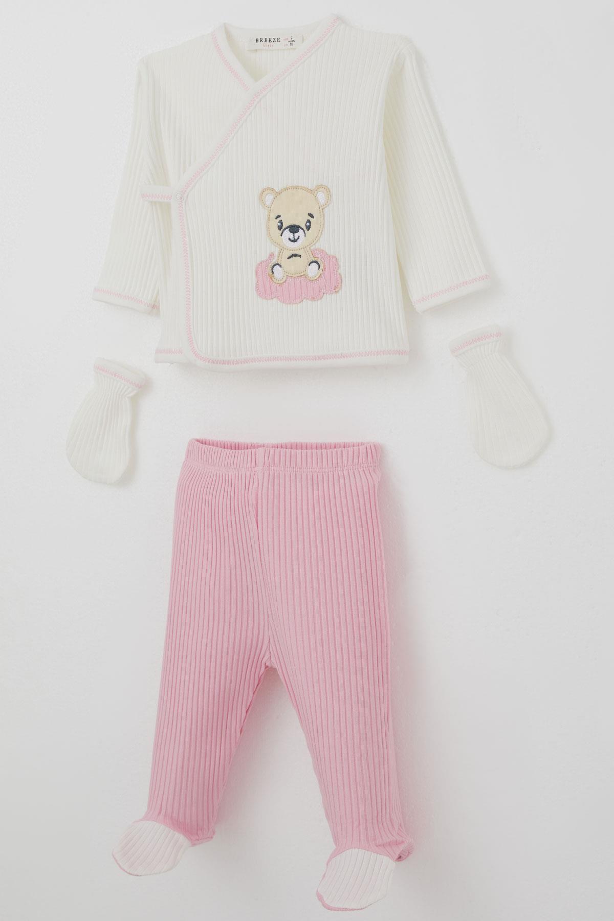 Breeze Kız Bebek Hastane Çıkışı 5 li Sevimli Bebek Ayıcık Nakışlı Ekru (0-3 Ay)