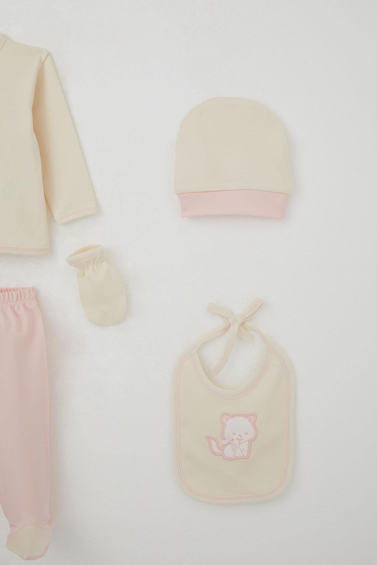 Breeze Kız Bebek Hastane Çıkışı 5 li Sevimli Kedi Nakışlı Fiyonklu Krem (0-3 Ay)