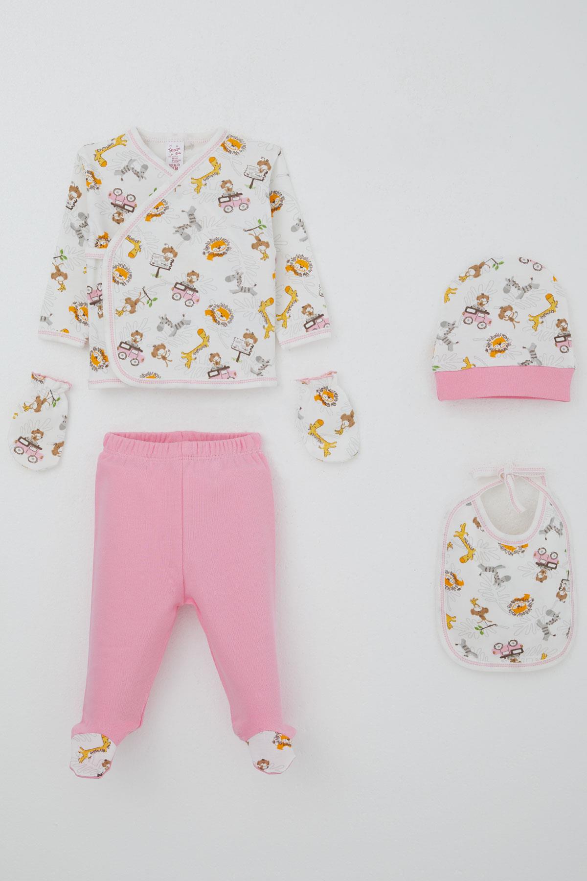 Breeze Kız Bebek Hastane Çıkışı 5 li Safari Macerası Sevimli Hayvancıklar Desenli Beyaz (0-3 Ay)